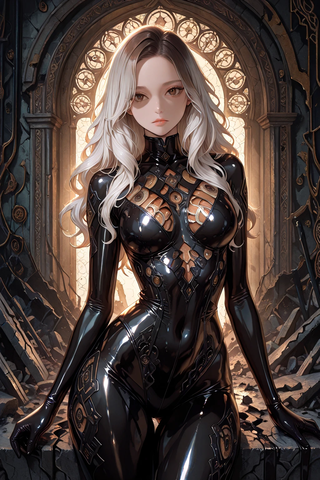 (masterpiece, best quality)), ((((perfect anatomy)))), Caucasian android woman with silver hair, ((elaborate black dress)) (((white high cut leotard))), big butt, black eye-band, white and black gloves, digital black pattern background, (((photo realistic)))