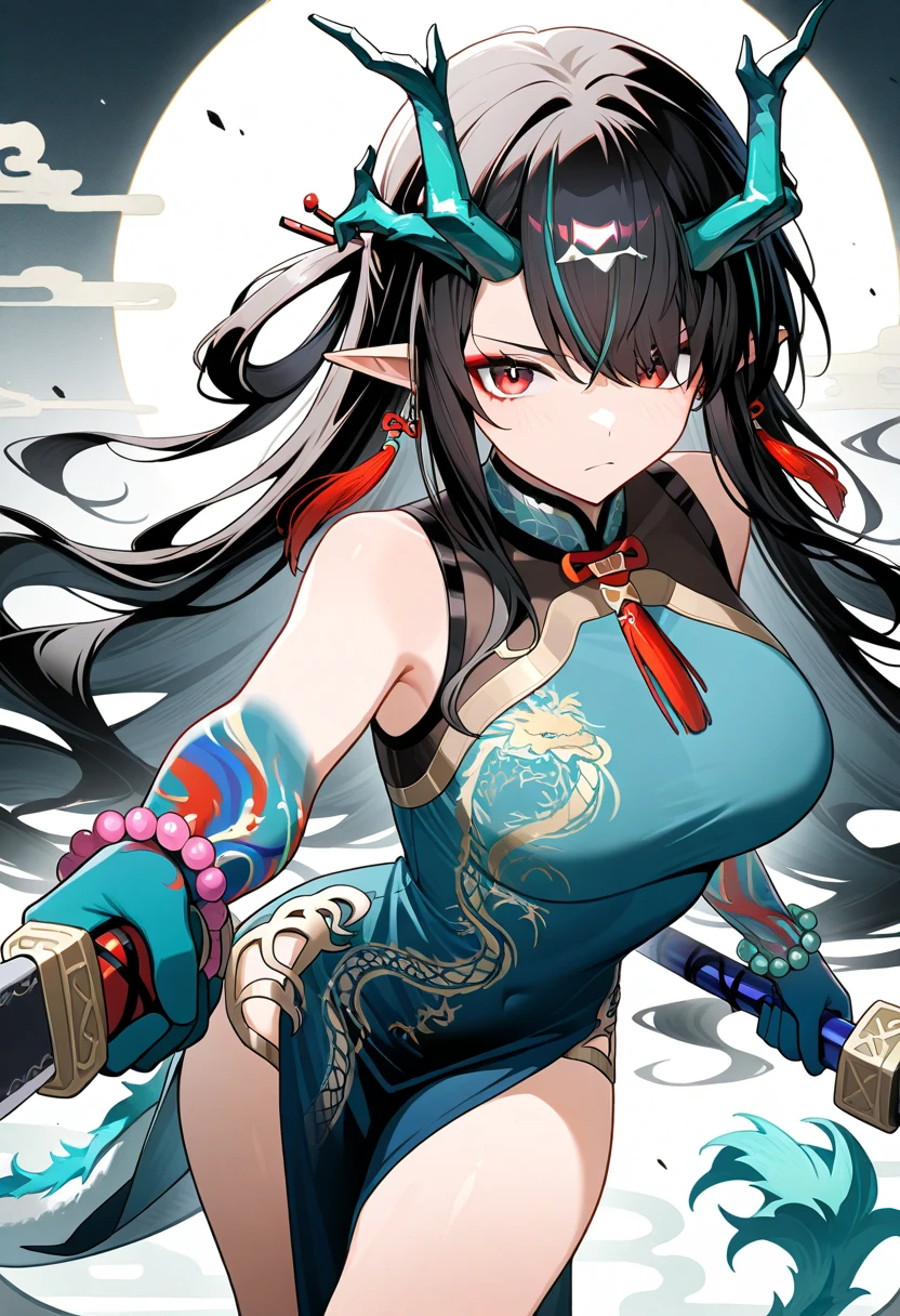 masterpiece, traditional chinese ink painting, 1 girl, long hair, look at viewer, tease, Spirit, loong, dunhuang_style, dunhuang_cloths, UHD Dragon horn, A dragon is flying, 4k, best quality, super detail, award winning, high quality, best quality, high details