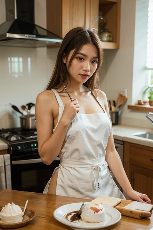 A girl in a Starbucks uniform makes coffee,Double ponytail with a baseball cap on his head,Slightly chubby figure,Clothes and skin are soaked all over,(wetclothes:1.6),Reflective skin,Sweaty skin,high high quality、tmasterpiece、Hyper-Resolution、barechested、NAKED Apron、wearing apron、full bodyesbian、
