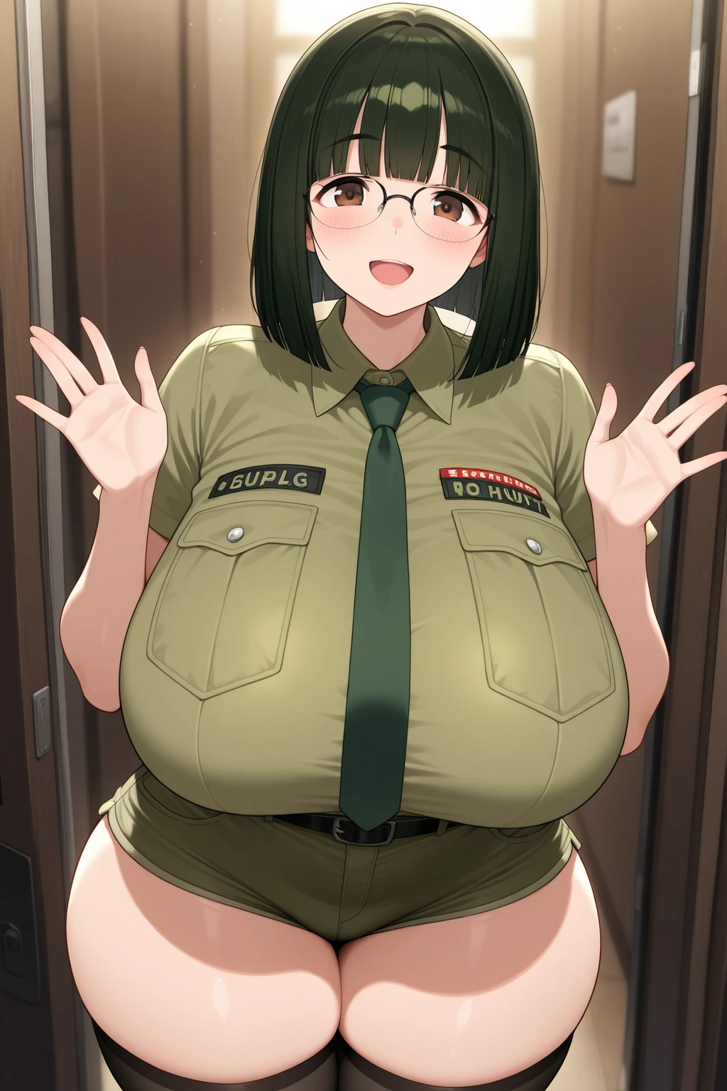 Obese combat engineer girl, fat rolls, short hair, brown eyes, (bodysuit):1.3, tool belt, obese belly, pudgy, (hardhat):1.3, extremely chubby, BREAK plain white flat background,