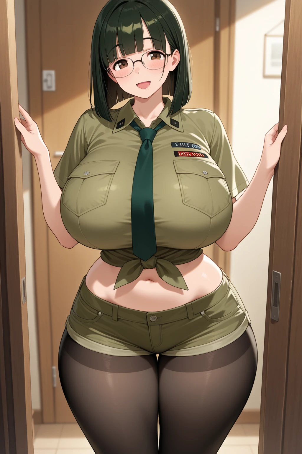 ((Finest quality)),(超A high resolution),(ultra-detailliert, detail face, detail eyes),(Meticulous portrayal),((Best CG)),(Finest works of art),Ultra-Precision Art, The art of astounding depiction, (Female Military Personnel:1.5),(A dark-haired, short-cut), green Tight military uniform, tight skirts, Black stockings, general hat, multiple medals,((chubby, big belly, massive belly, massive breast))