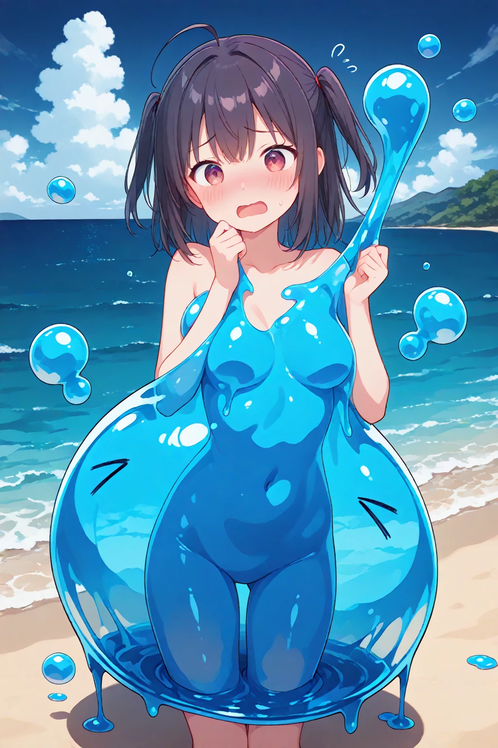 NUDE,{{{masterpiece}}}, {{{best quality}}}, {{ultra-detailed}}, {illustration}, {{an extremely delicate and beautiful}},black hair,Blue eyes,water eye,large breasts,Wet and slimy, Shiny wet skin!!, Enchanting anime girl,Surprised expression,water eye,15 years old,steam,blush,Raise eyebrows,Bobcut,blunt bangs,pussy,top-down bottom-up,pussy,anal,{back biew},back shot