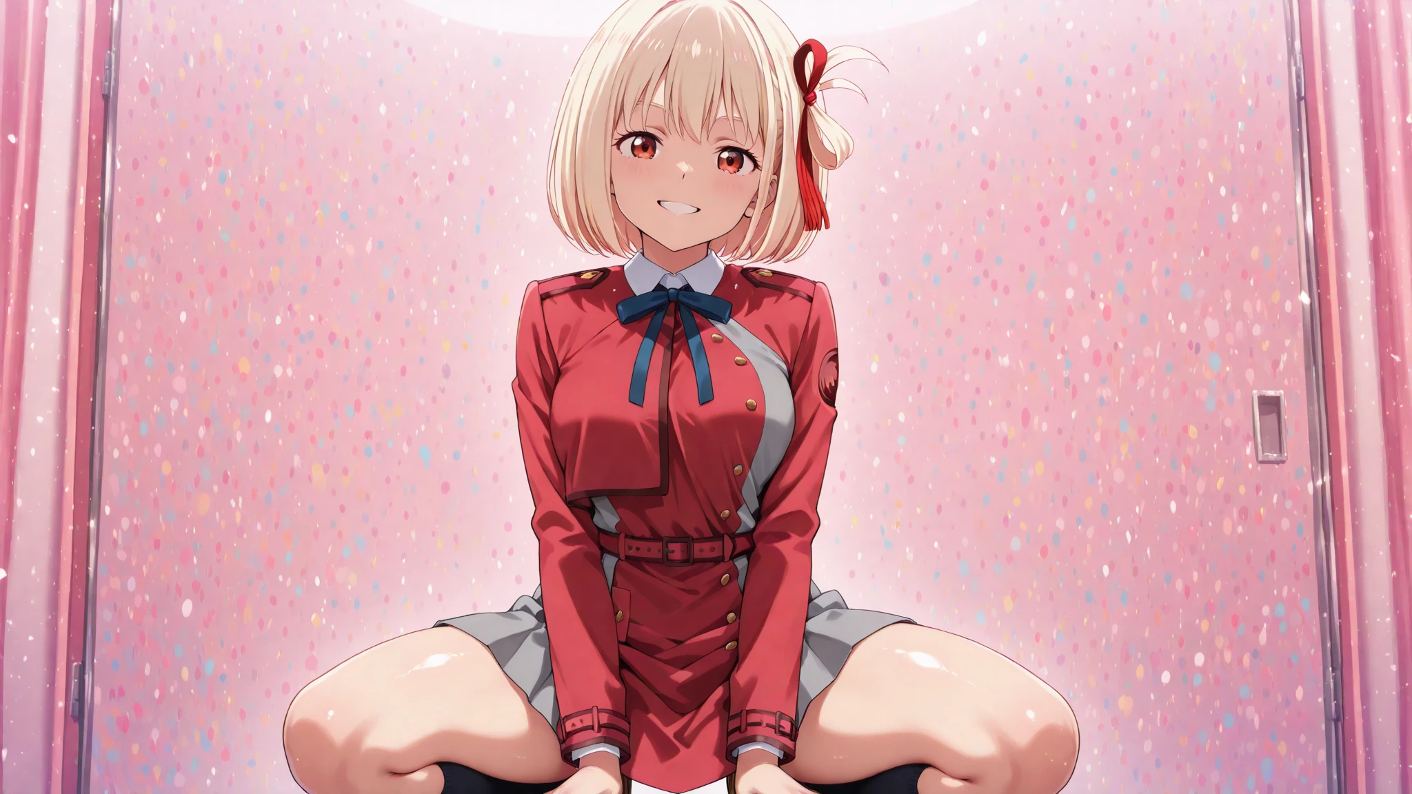 masterpiece, highest quality, High resolution, chisato Nishikigawa, From below, 1 girl, shirt, Long sleeve, dress, ribbon, white shirt, collared shirt, belt, neck ribbon, red dress, blue ribbon, pleated dress, grey dress, two-tone dress, red belt, Uniform Wine, (whole body), Sexy pose, seductive pose,  (Standing at the top of the stairs:1.3), (Spread your legs:1.3), Lacy white panties, (Put your hand in your panties :1.5), (Sweat, blush, close your eyes, Open your mouth), Outdoor