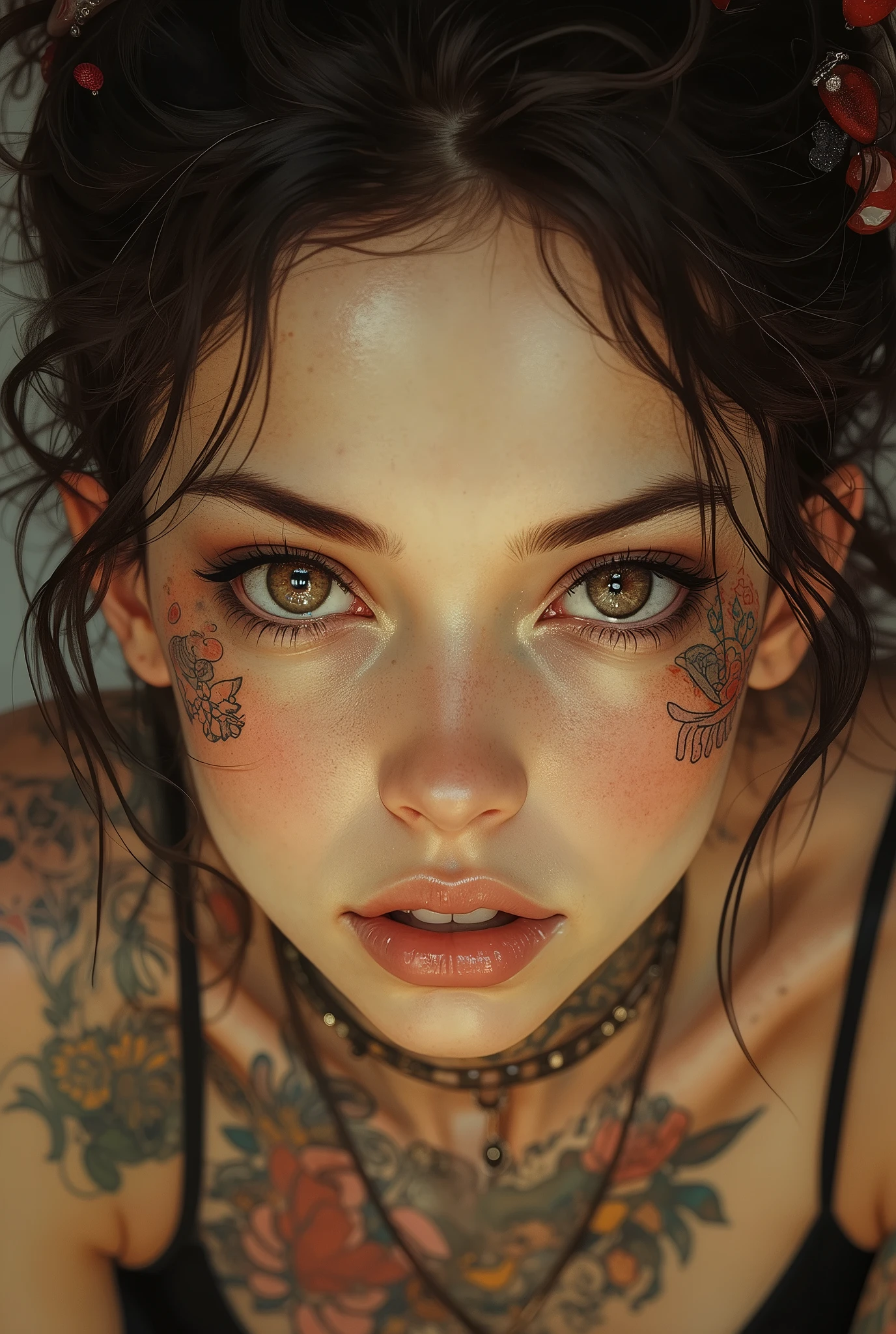 Detailed,sharp image, beautiful eyes, intrecate details, highres, masterpiece, best quality, newest, absurdres, seductive, detailed eyes, lookin at viewer, tattoos, horny, blush
