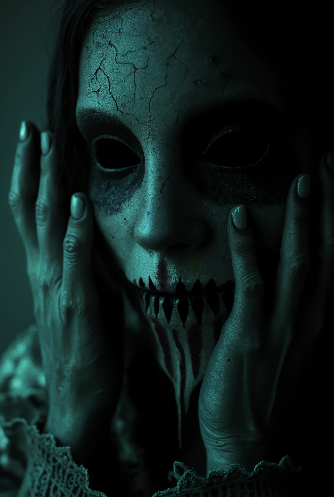 In a cursed theater, a ghostly opera singer with a cracked mask and hollow eyes is performing a haunting aria, evoking a sense of dread and beauty. Ultra-realistic, dark and atmospheric, detailed textures