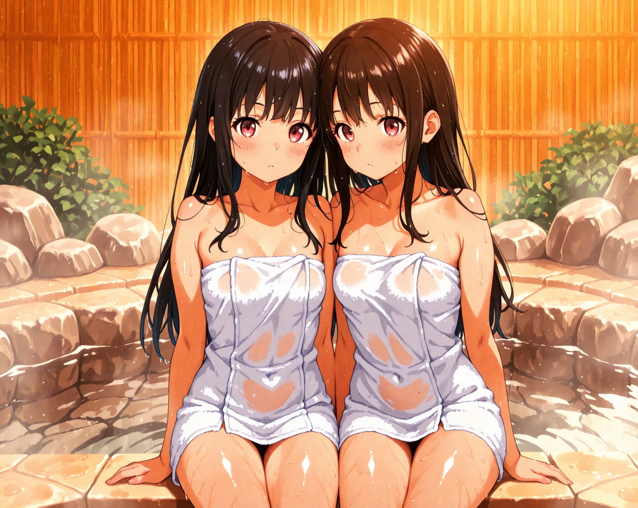 masterpiece, best quality, ultra high res, (photo realistic:1.4),
group of girls, (open towel), nude, pubic hair,
long hair, wet hair, large breasts, perky nipples,
sauna, sitting, wet, wet towel, wet body,
smile,(large eyes:1.2), cute,
BREAK
(group of girls who is japanese and 24 y.o. go into a sauna:1.3), pose, night, open towel,
