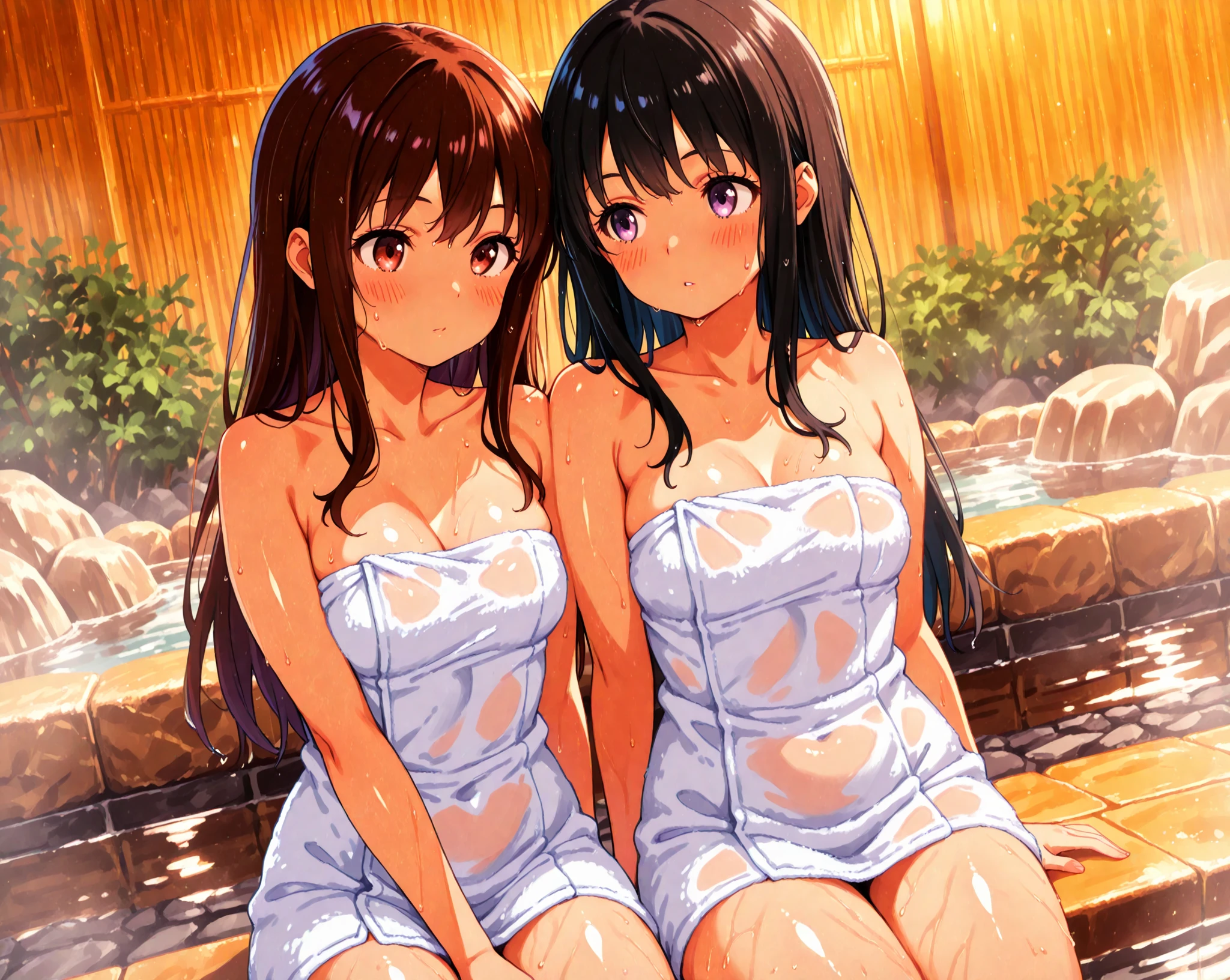 (((ultra high definition))), masterpiece, best quality, 8K, Accurate description, Carefully painted, Meticulous details, ((Open-air hot spring in Japan at night, Large old hot spring pond, Hot springs, steam)), a girl, White skin, perfect face, (Brown, Technical perms and dyeing, wet, Extra long curly hair), ((cute look)), Detailed depiction of facial features, blue shining eyes, long eyelashes, double eyelids, 有Sweat, pink moist shiny lips, Shiny earrings, Close your eyes and enjoy, blush, ((Mature and natural figure)), Beautiful body, perfect body structure, small breasts, side boob, ((bath towel)), seductive cleavage, Sweat, (Take a rest when you are tired), (Perfectly detailed hand-drawn renderings), soft side light, perfect composition, ((bust)), Rich environmental details, dim environment, 