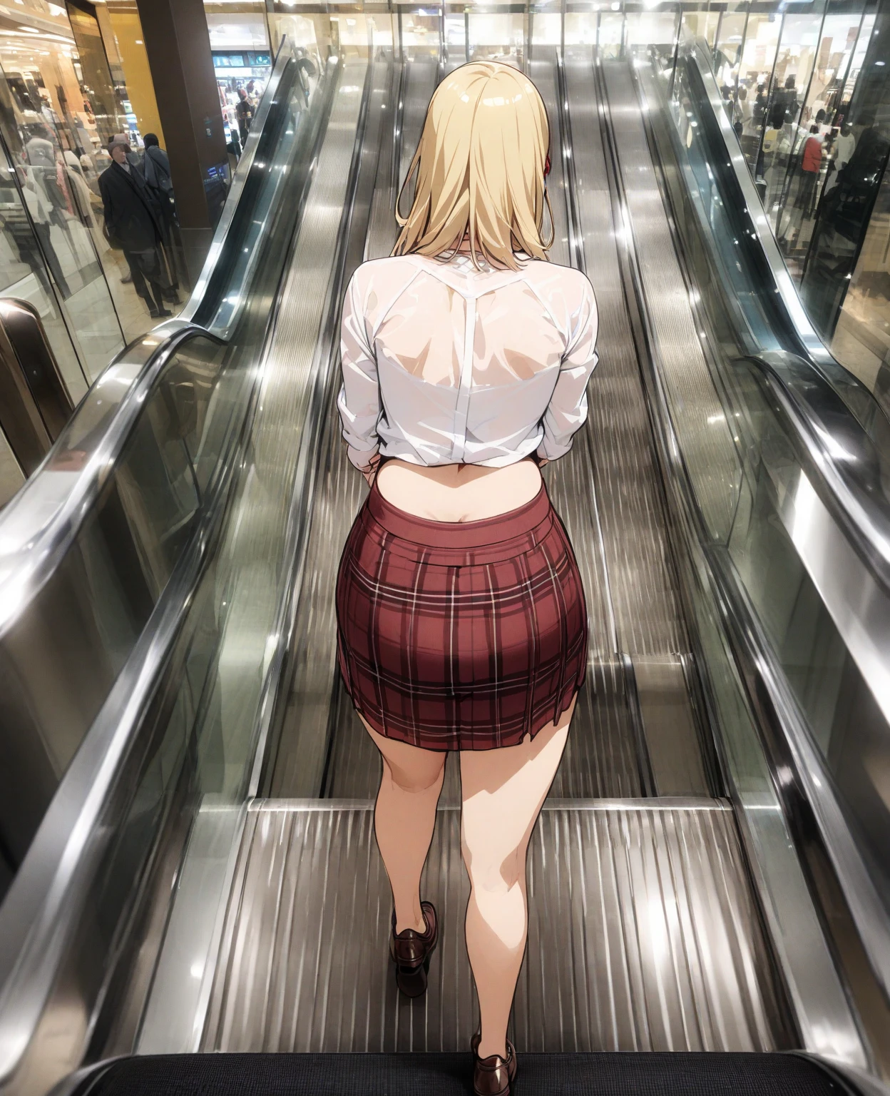 nsfw,adult curvy gyaru,tanned gyaru,standing on escalator at trainstation,dark brown hair,earring,plain blouse,patterned medium skirt,cream skirt,upskirt,from behind,red panties