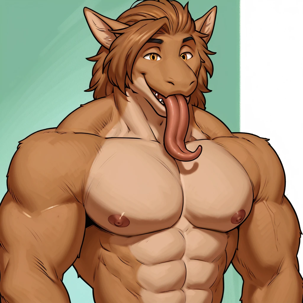 By bebebebebe, by darkgem, by chunie, by sonsasu, by danza, solo, male, ((muscular)), slightly chubby, smirking,  face, standing, looking at viewer, hands behind head, sweaty, heavy, big balls, (penis, cock, dick), hippopotamus