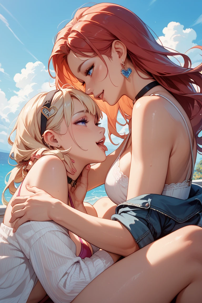 Tabletop,super high quality, Hyper Detail,Perfect drawing,Hmph,3d,8k,Awareness-raising、there is nothing、(((Two beautiful girls)))、bikini、Swimwear)、(Sitting on the breakwater)、close your eyes、((French kiss))、The Sunset Sun、horizon、coastal、Backlight、Shining Water Surface、Beautiful background、Accurate drawing、Detail view