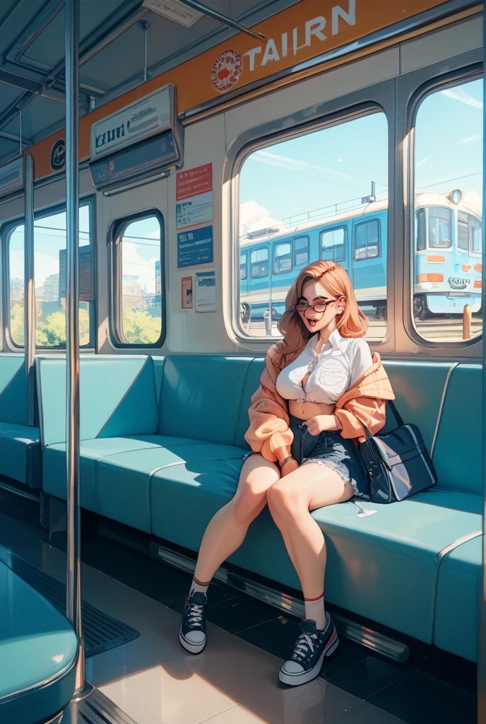 (Best Quality, ultra detailed, golden ratio, Masterpiece:1.2), theatrical lighting:0.7, photo of a woman, dressed in a very elegant and pretty dress, perfect weird face, (very detailed skin), random colored hair, Hide your mouth with your hands、Ridicule, skin texture, pale skin, shiny skin, (Delgado, large size:1.2), [:(Sharp focus on strange face, Perfect eyes:1.2):0.2], photorealistic, Film grain, put one foot forward、from below looking up、look camera、Highlight the shoulders, focus on face、socks、glasses、Smiles with the corners of his mouth raised.、disdainful expression, summer haze, muted colors, warm, muted colors, Photo cinematographic portrait of a woman dressed in a striped dress sitting by the window in the early morning, cinematographic, (Tilted:1.3) (on an old train) look cautious, standing under a spotlight, volumetric dust clouds, light key, backlight, soft natural lighting, photography Film grain ISO 400 30mm RAW f1 lens.8 opening, Very detailed (analogue photography:1), Colores HDR, red hair, Red hair, red-haired, sensual body, curves