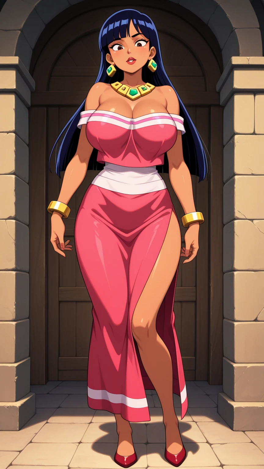 a sexy girl big breast long purple hair wavy braids dresses red belly bra and long red pants happy Arabia