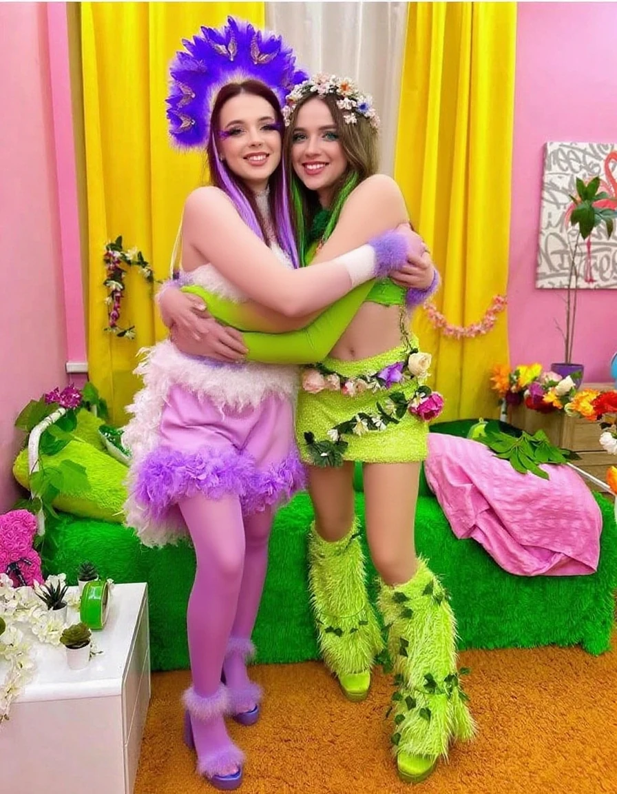 A (((beautiful Jennette McCurdy holding a teen fairy played by Ellen Page in her arms,))) ((ryona))) a, Wearing micro bikini, micro skirt. ((And Jennette McCurdy get hugs with Lewd teen fairy Ellen Page groping her in jungle)).(realistic arts), intricate, (teen fairy Ellen Page craves her carnally), nipslip, puffy nip, milky, ((Teen Ellen Page grabbing breasts)), lifting grabbing
