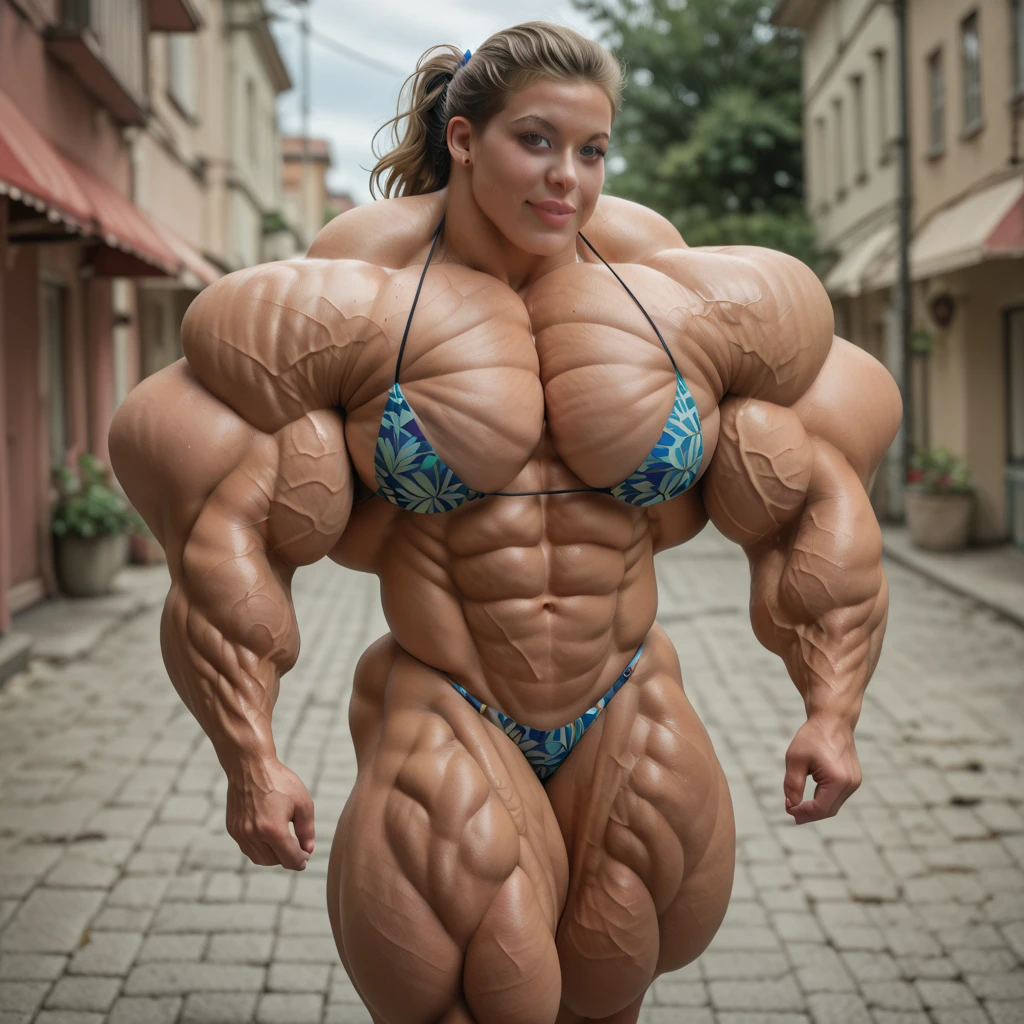 A HD 4K full body Photo of a beautiful, huge, enormous, buff, giant, Female bodybuilder, muscle goddess, huge arms and huge legs, giant boobs, enormous muscles, big beautiful eyes, long hair, walking barefoot, through busy traffic, long dark hair, wearing reading glasses, a tight vest and ripped jean shorts, green skin, photorealistic