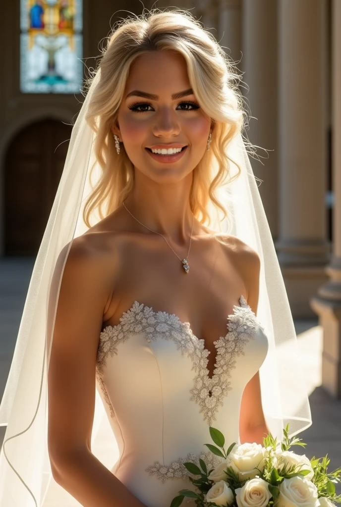 Realistic full body photo of a smiling, Young blonde girl with hair up, She dances in front of the camera in a short A-line bridesmaid dress with straps made of shiny red satin., Park,glamour fotoshooting, Wedding celebration, perfect anatomy, perfect blue eyes. Perfect hands with 5 fingers on each hand, Matching girl, look into the camera, 1 Frau. (Eye make up:1.1), (highly detailed skin:1.1), spirit, analog style, keen focus, 8K  UHD, dslr, good quality, Fujifilm XT3, Grain, Award-winning, ​masterpiece. Wedding celebration