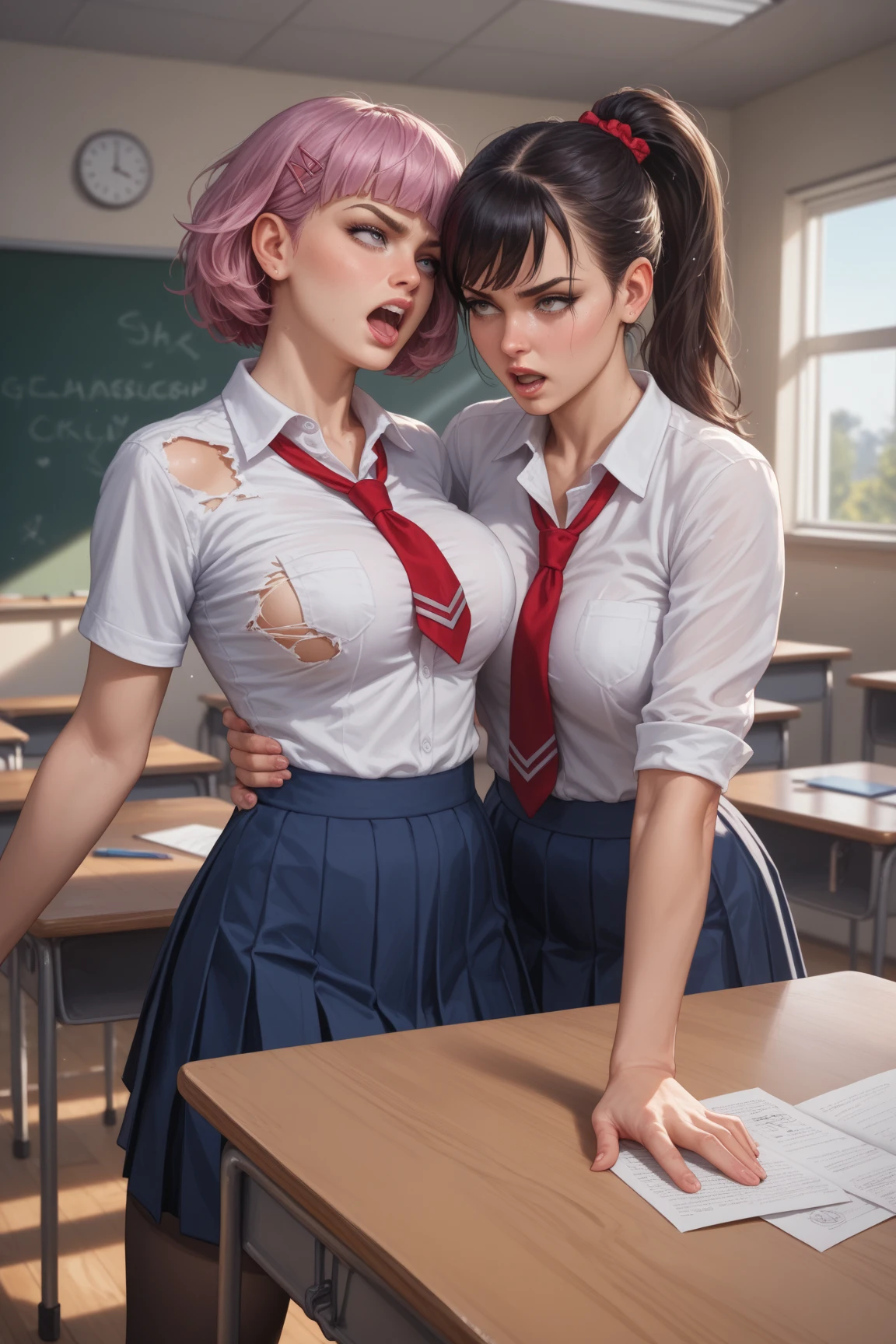 Anime style, Painting, absurderes、perfect anatomia、Bulma、bra very、Bra visible from clothes、Braline、breastsout、short hair, ‎Classroom、cleavage of the breast、clavicle、desk、From above、big breasts, on desk, pleatedskirt, School Desk, student clothes, see -through, The shirt, sitting on, Sitting on a desk, skirt by the, solo, thighs thighs thighs thighs, red blush, ssmile