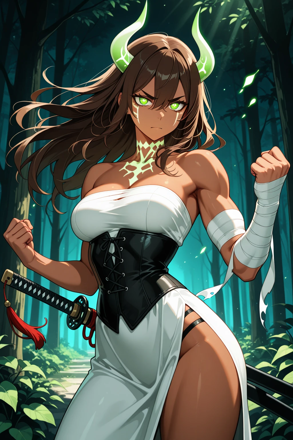 ((1 Frankenstein woman, green and gray skin)),((torn blouse, torn clothes))),((huge breasts, naked breasts, naked pussy, very hairy pussy)),((brown and black hair, two colors)),((1 gray eye, 1 black eye, hopeless face)),((standing, In a haunted forest, at night)),((1 arm behind the back)),