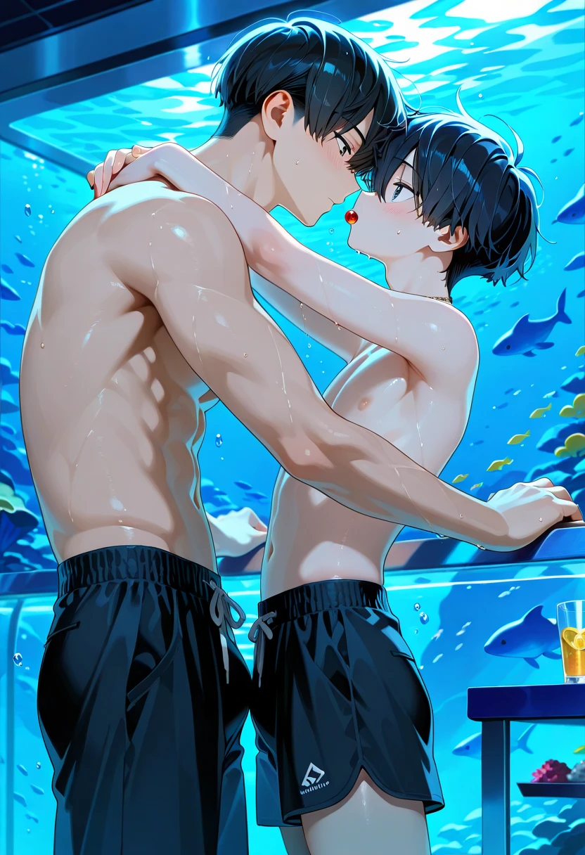 2 cute very thin handsome boys 12 and 13 years old. In swimming trunks in the water. One hugs the other