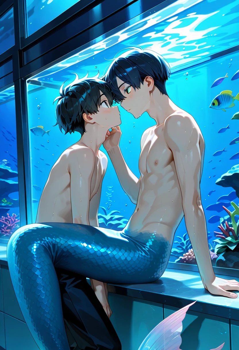 Merman, merman tail below waistline, black hair, short hair, black eyes, white shirt, abs, underwater sea, coral, fish,
