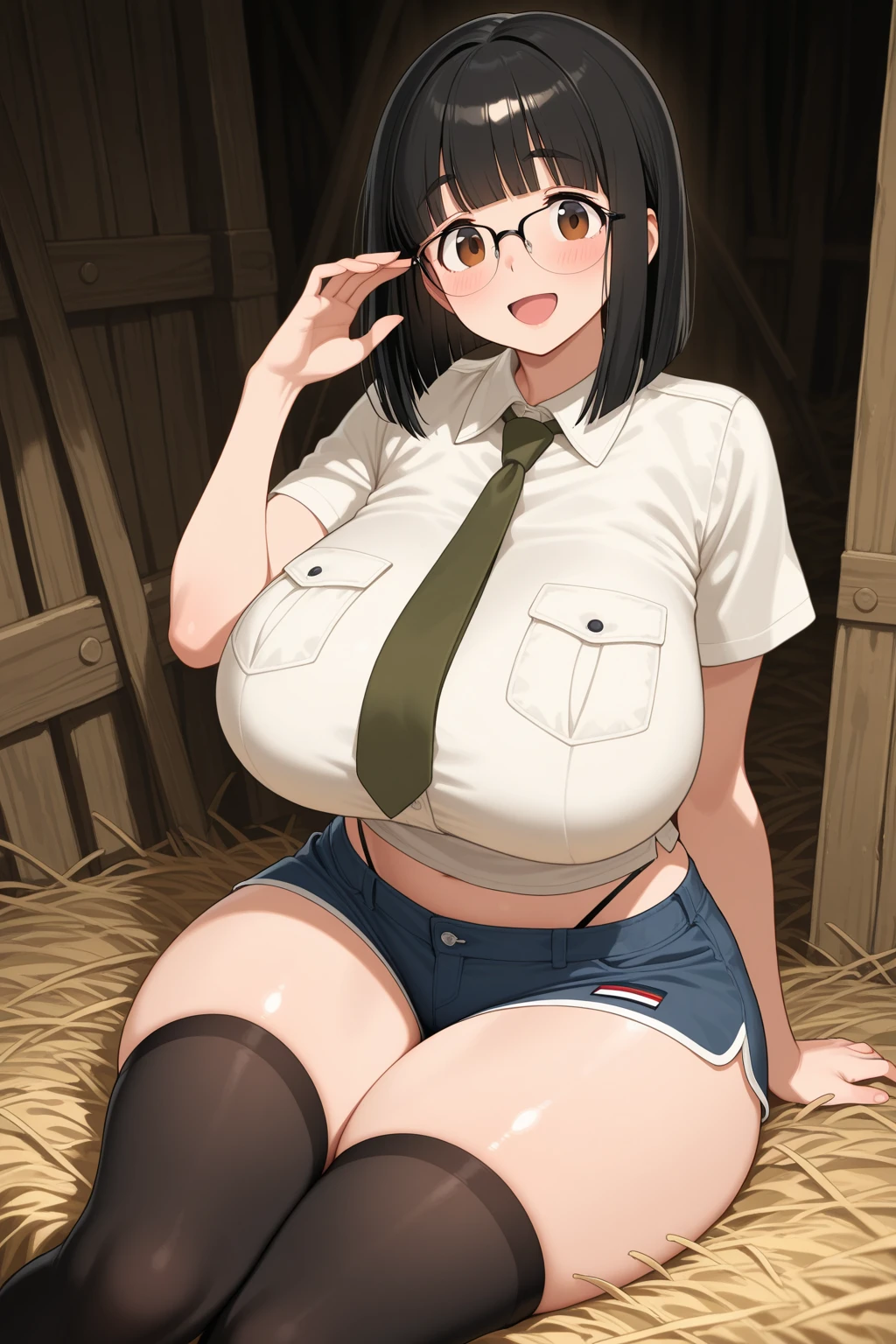 nemona \(pokemon\), white collared blouse, buttoned blouse, orange necktie, orange shorts, short shorts, (black thighhighs), white sneakers, full body shot, outside, mountain trail, happy, freckles, standing, holding pokeball, smile, curvy adult, midriff, black bra, huge breasts, thick thighs