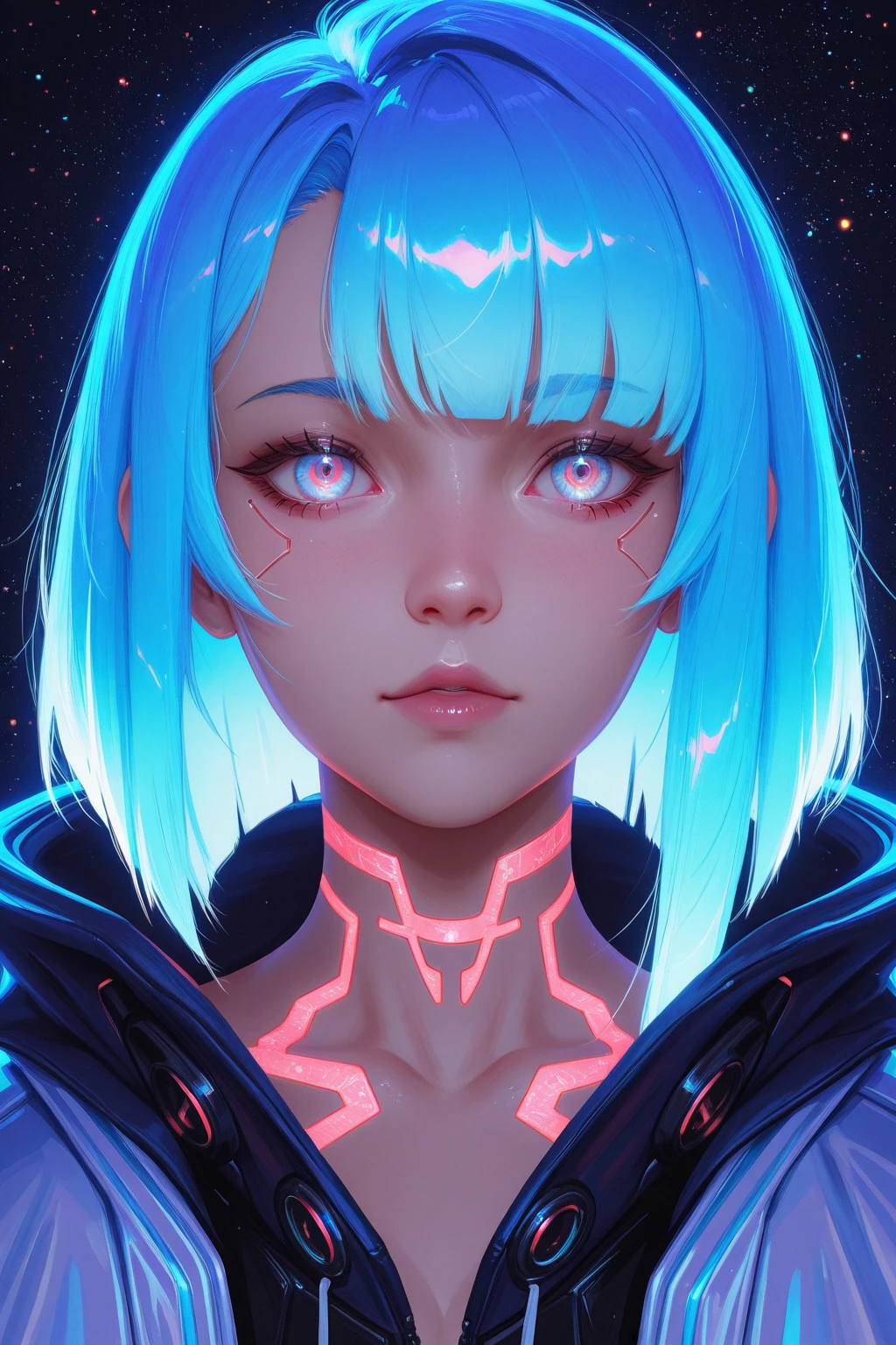 (masterpiece, high quality, high resolution, absurd, super detailed, High saturation、8k),real:1.5,solo,(bikini),cute face,neat and clean、sexy、dark skin、oil skin、glowing eyes、(fluorescence hair),(colorful fluorescence hair:1.5)、 ,colorful,
