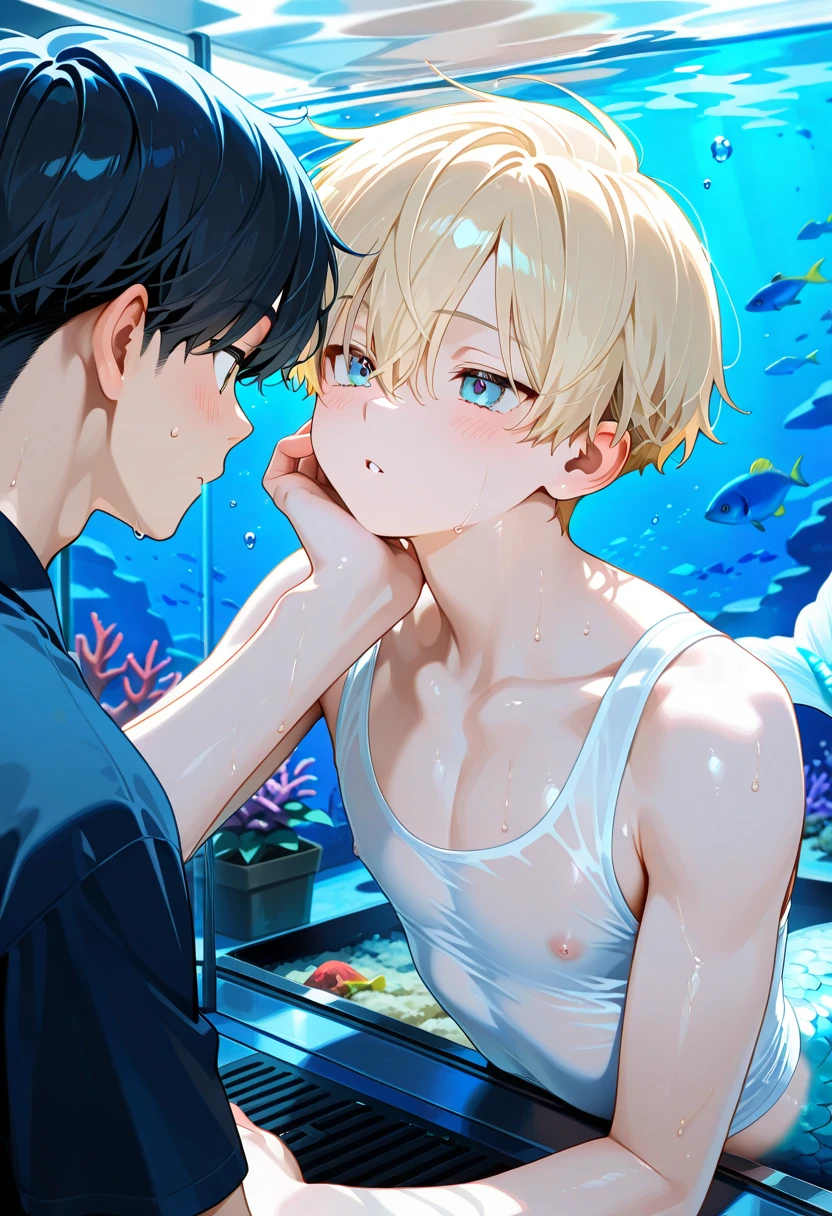 semi realistic art style, 90's aesthetic, deitailed textures, soft and warm light, young man(pale skin, short messy blonde hair, blue eyes, soft face, skinny body tipe, mastectomy scars), bathing in the lake at night
