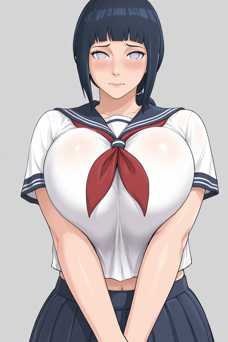 Character portrait、smile、Ultra-detailed illustrations、Ultra-precise expression、masterpiece、Highest quality、ultra High resolution、High resolution、Hiromitsu Takeda Style、White background、Simple Background、Young、One girl、10th Generation、solo、Black Hair、Drooping eyes、Short Hair、Grey Eyes、Big Breasts、Sweat、Sailor suit、skirt、black thighhighs、