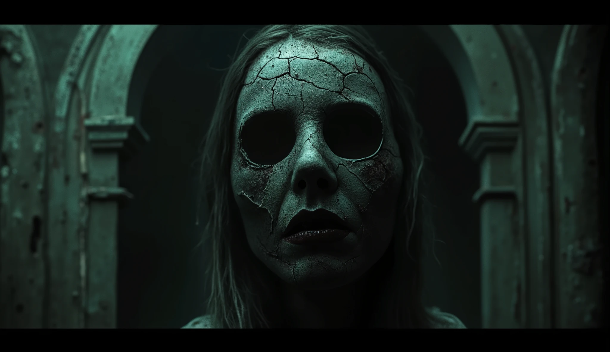 In a cursed theater, a ghostly opera singer with a cracked mask and hollow eyes is performing a haunting aria, evoking a sense of dread and beauty. Ultra-realistic, dark and atmospheric, detailed textures