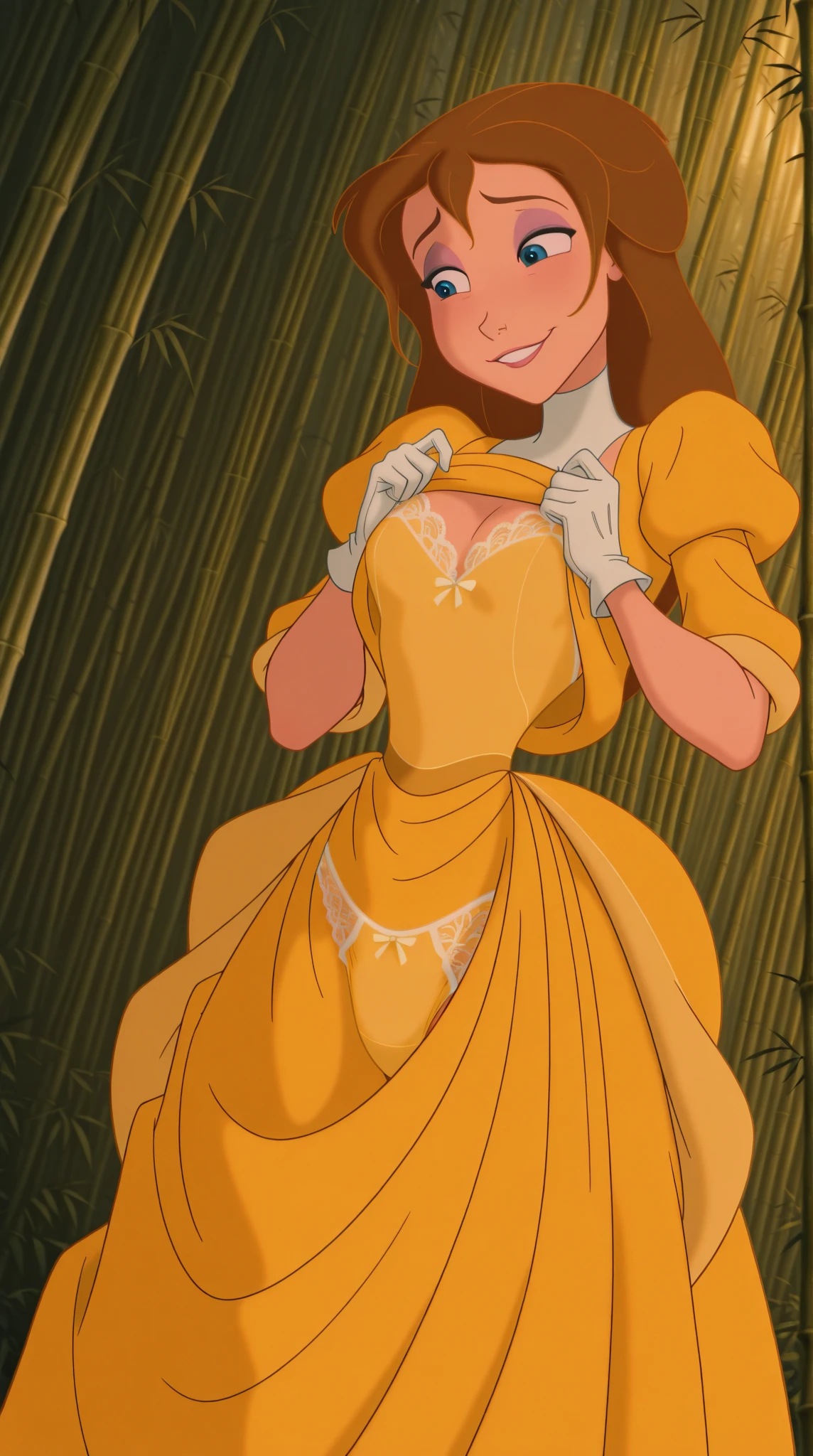 Jane Porter  da Disney, redheadwear, lifting her skirt with her hand showing her panties, at the forest. Full-body image, widescreen