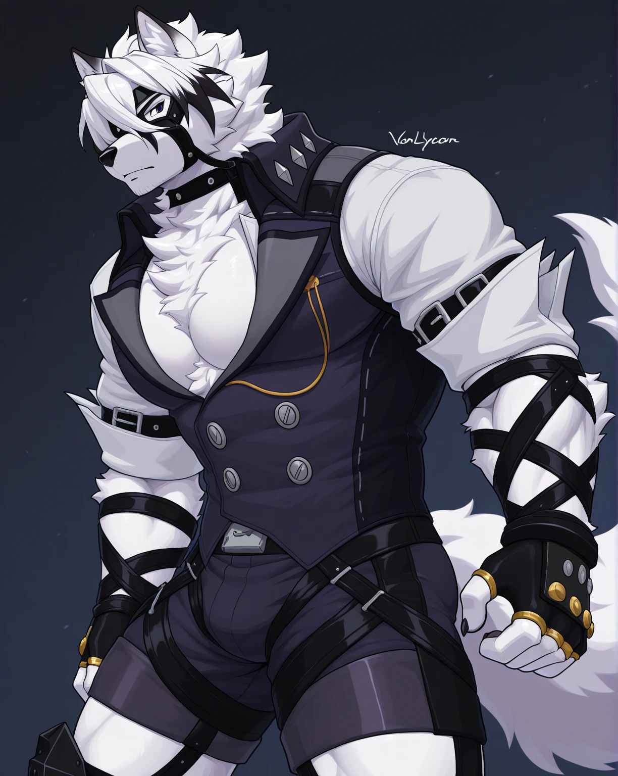 Male, robot wolf, detailed yellow eyes, long tail, big nipples, slim, sly, simple background,, smirk, bulge, glasses, tail wrapping around body,Sexy latex swimsuit,full body,footwear,lycaon