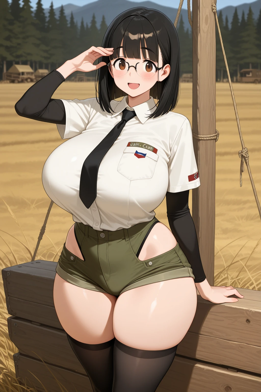 Atago (Azur Lane), 1 female, alone, Long Hair, chest, View your viewers, blush, smile, bangs, skirt, Huge chest, (Huge chest: 1.8), Big Ass, (Big Ass: 1.8), Simple Background, Black Hair, Knee socks, gloves, Long sleeve, White Background, ribbon, Animal ears, Brown eyes, underwear, Hair ribbon, Yellow Eyes, Thighs, Shiny, Recall, Black Knee socks, White gloves, Mini skirt, From behind, Mole, uniform, army, Mole Under Eye, army uniform, Garter Straps, White skirt, White ribbon, Extra ears, Pencil skirt, Panty lines, Viewers showing their backsides