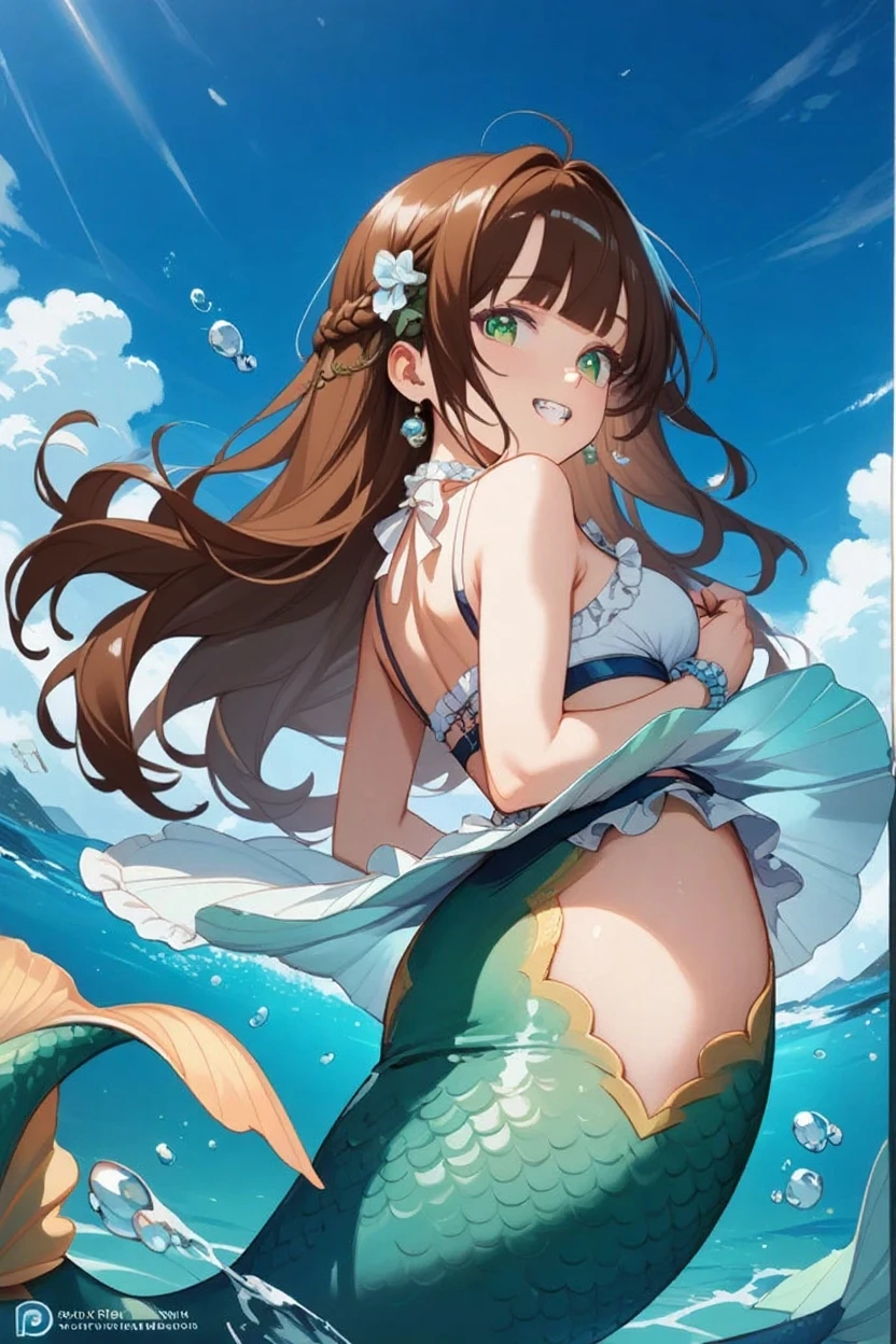 mermaid, mermaid tail below waistline, underwater, swim, masterpiece, best quality, highres, hmharuna, headgear, hair ornament, hairclip,