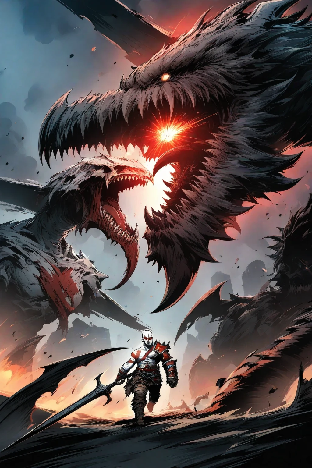 An epic battle between two majestic dragons, one of them is totally black, enquanto o outro irradia chamas vermelhas intensas. The background landscape depicts the immensity of an erupting volcano.