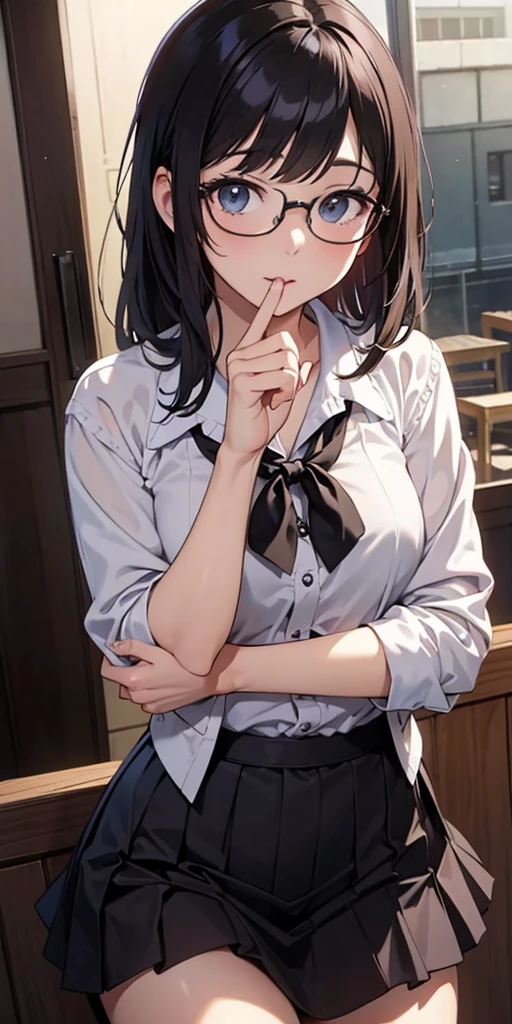 (top-quality、in 8K、32K、​masterpiece、nffsw、超A high resolution、Impresionismo、Photorealsitic:1.2)、Colossal tits、cowboy  shot, detailed faces and eyes、 Inside the classroom、Schools、Evening glow、beauitful face、blurry backround、16-year-old beautiful girl、shinny skin、half updo、beautiful brown hair、Blunt bangs、Brown eyes、(I closed one eye、put index finger on mouth:1.2)、a sailor suit、Pleated miniskirt、Curve、(Lifting skirt、I can see panties:1.2)、thighs thighs thighs thighs、(Navel Ejection:0.4)、dynamicposes