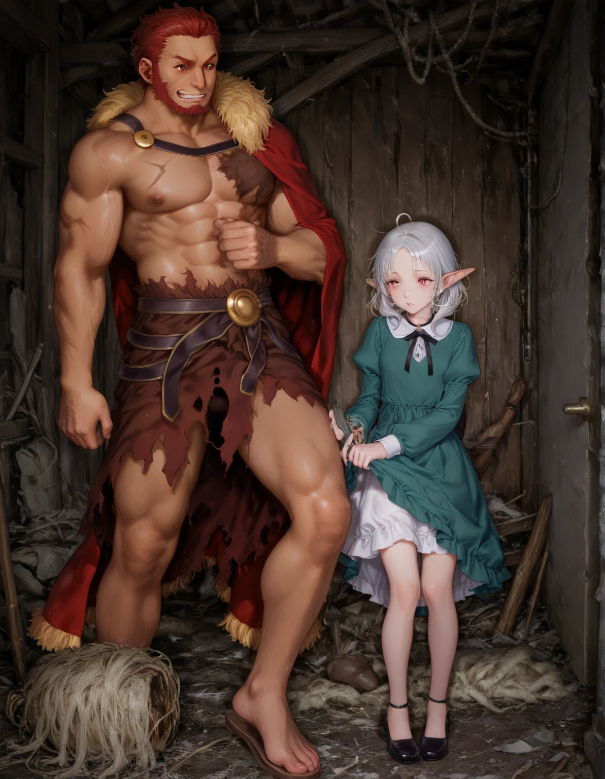 2 womens,Completely naked, flat chest,muscular,Holding a weapon in hand,In town,white skin,Monster,long hair