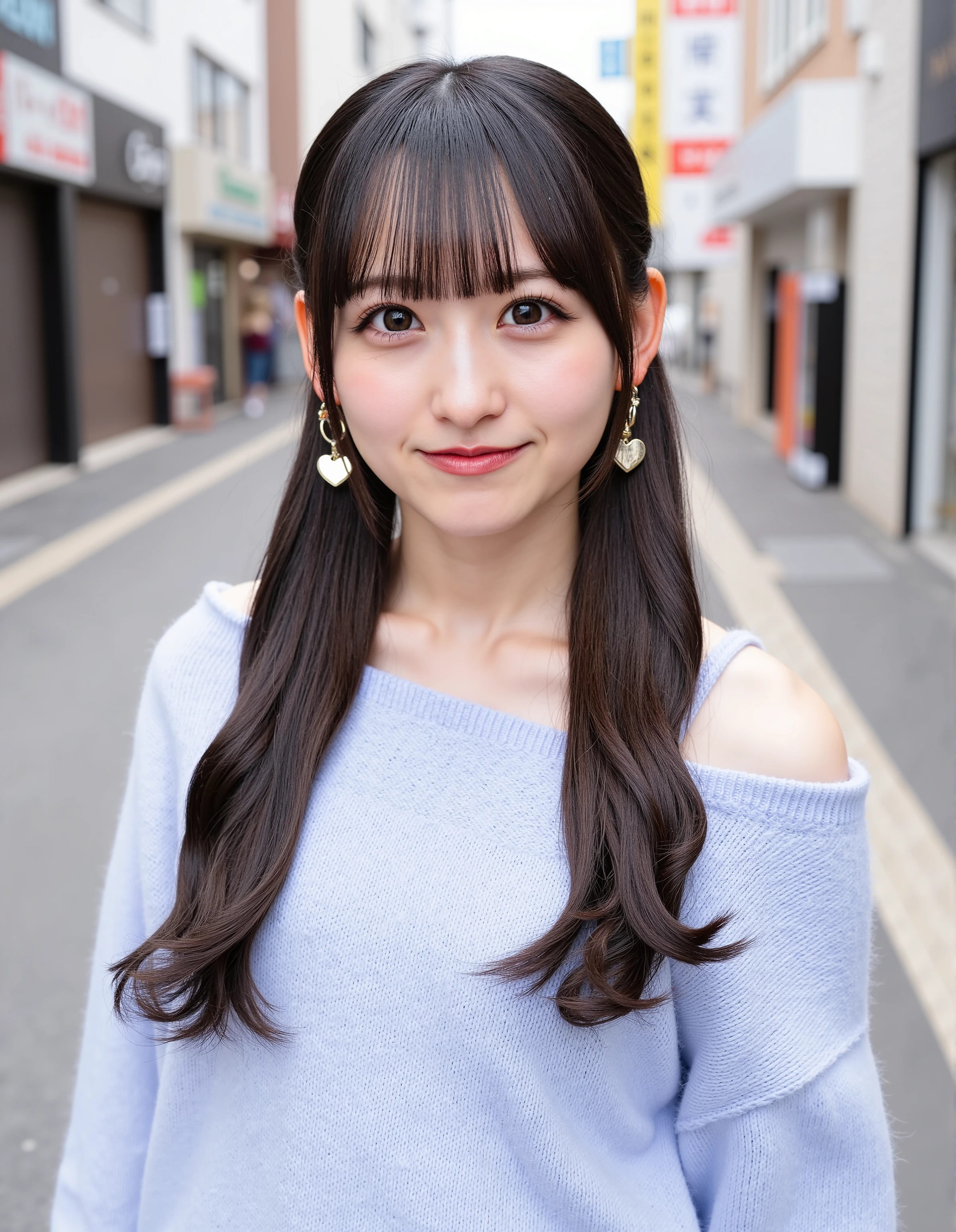 A young woman stands in an urban setting,Long, dark brown hair styled in twin ponytails cascades down each side with a smooth, glossy finish and soft, loose curls at the ends. The hair is parted neatly in the middle, adding symmetry to the hairstyle. Large, heart-shaped hoop earrings add a playful and stylish touch, reflecting a bit of light. The attire features a light blue, off-the-shoulder knit sweater, creating a soft and cozy texture that contrasts with the sleekness of the hair. The background shows a lively street scene at Shimokitazawa, identifiable by the visible signage. The subtle lighting in the image is even and soft, highlighting the rich color and shine of the hair and maintaining a gentle ambiance.