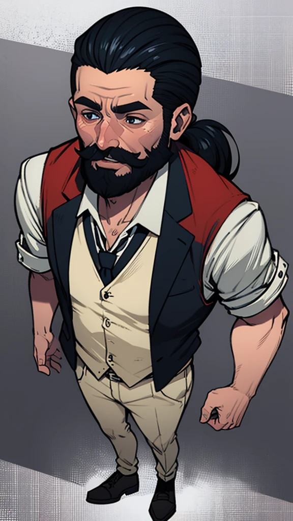 generate A matured reporter male with beards, with a simple clean smile, black dude, with a camera hung on his neck, simple clothes, comic style anime bold lines