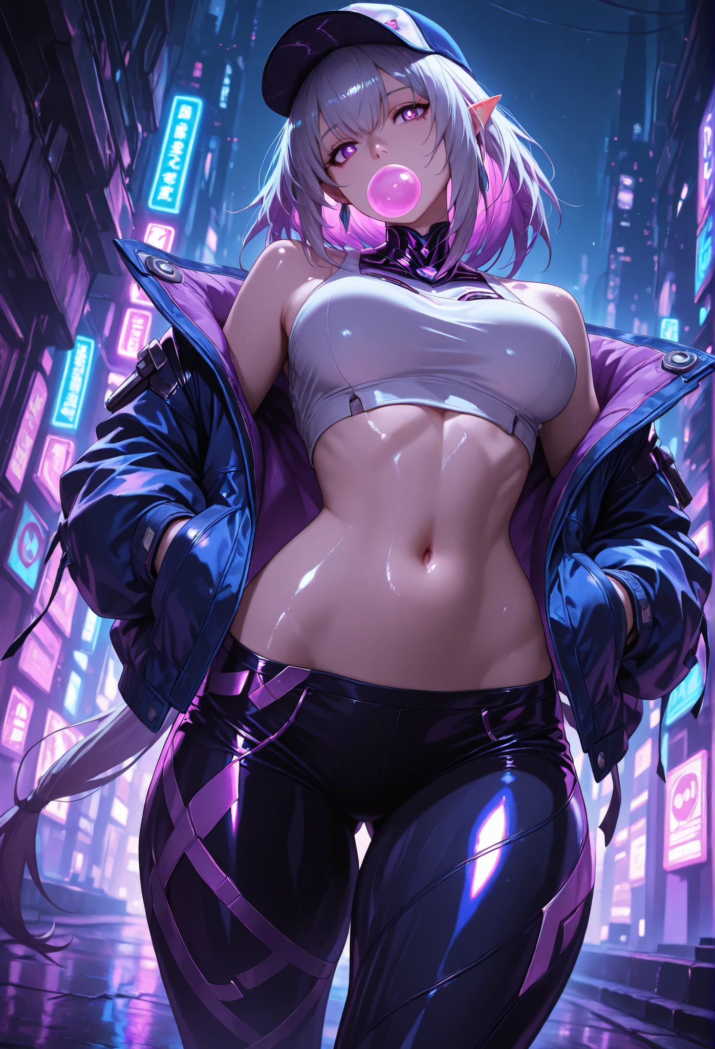girl spacepunk,(((1girl))),((anime girl with extremely cute and beautiful white hair cat ears walking seductively down the street)),

(large breasts:1.4),saggy breasts,((((white wavy bob hair:1.35,messy hair, colored inner hair,ear breathing)))),((((cat ears,cat ears on head,big cat ears)))),((azure blue eyes:1.3,upturned eyes:1.3,perfect eyes,beautiful detailed eyes,rainbow glows ultra-detailed deep azure blue eyes:1.1,gradient eyes:1,finely detailed beautiful eyes:1,symmetrical eyes:1,big highlight on eyes:1.2)),((fat)),(((lustrous skin:1.5,bright skin: 1.5,skin tanned,shiny skin,very shiny skin,shiny body,plastic glitter skin,exaggerated shiny skin))),(spider lower abdomen,narrow waist,wide hip,athletic body,inflated legs,delicate detailed fingers,detailed body,detailed arms,human hands,(detailed face)),

cute,slutty,seductive,erotic,(((nsfw))),

zettai ryouiki,revealing clothing,show skin,((((underboob)))),(cleavage),(semi-naked,with little clothing,((tiny thong)),bare legs,visible thong straps),((((dark red crop top hoodie,cropped hoodie,hoodie,hoodie intricate)))),((detailed outfit,detailed clothes)),

(dynamic pose:1.0),solo focus,embarrassed,centered,scale to fit dimensions,Rule of thirds,

outdoors,((night view)),(very pretty city neon synthwave,cyberpunk night street Background:1.5,dark sky,thick clouds),future vehicles,((neon lights)),thick clouds,(cyberpunk style,neon lights, (synthwave theme background), lonely street),(((detailed background:1.25))),

(best quality),(high resolution),(sharp focus),(ultra detailed),(extremely detailed),(extremely high quality artwork),8k_wallpaper,(extremely detailed CG 8k),(very fine 8K CG),((hyper super ultra detailed perfect piece)),flawless,(((masterpiece))),illustration,vibrant colors,(intricate),High contrast,Selective lighting,Double exposure,HDR (High Dynamic Range),Post-processing,Background blur,