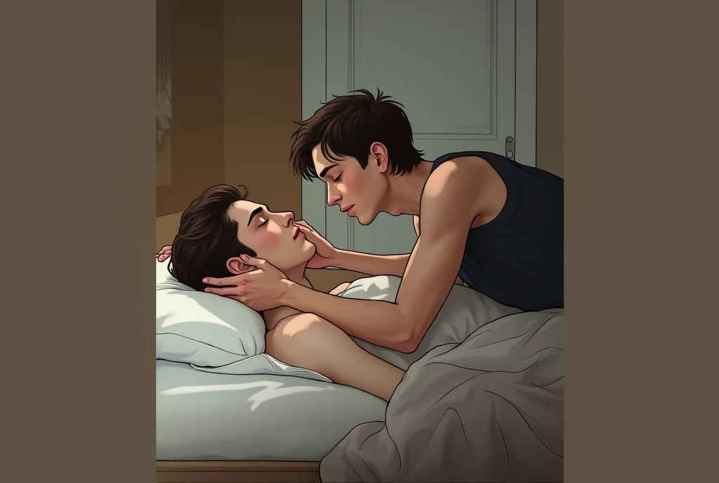 An angry man watching from afar two other different men lying in bed hugging each other in an anime drawing hd