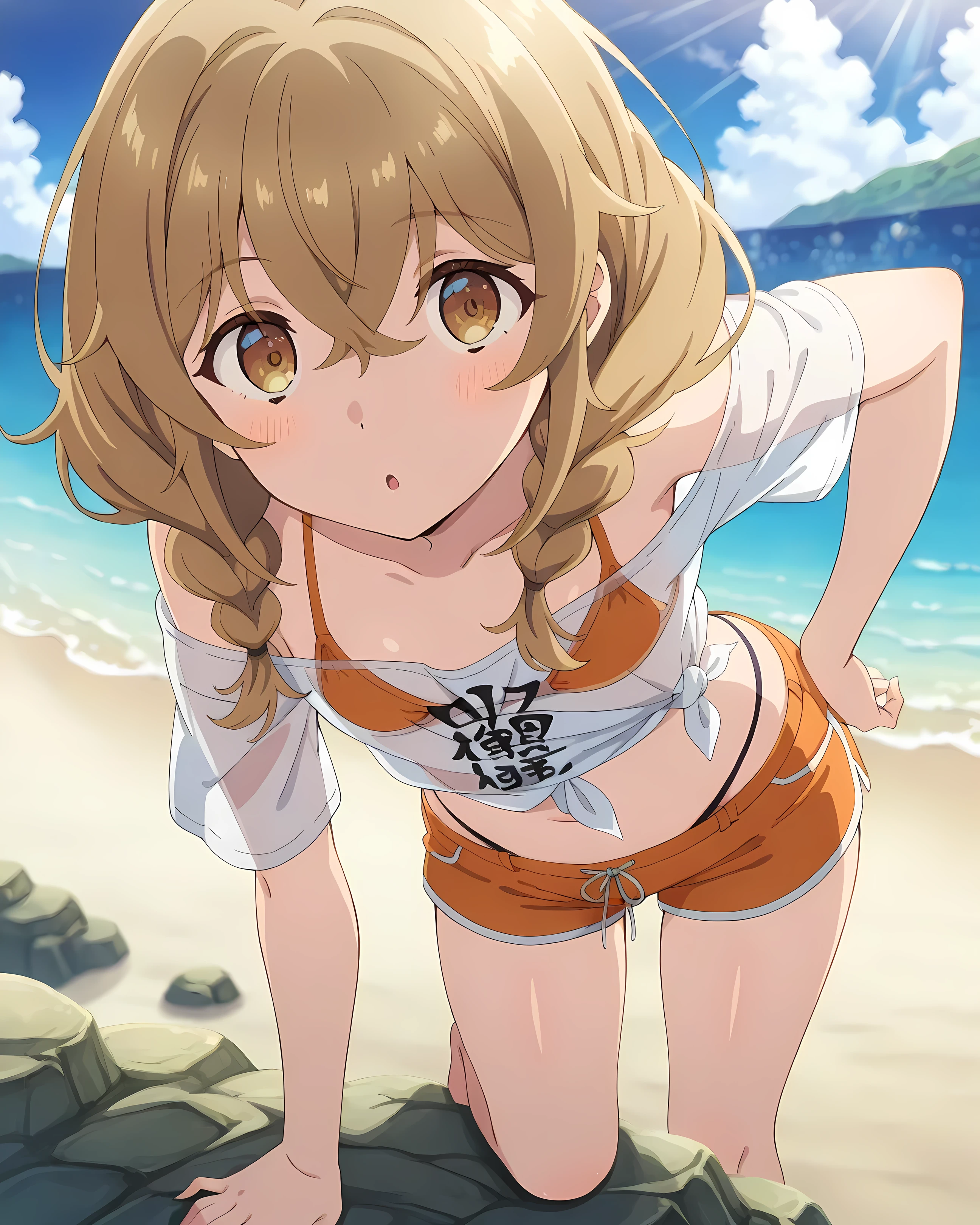 irohaisshiki, iroha isshiki, long hair, brown hair, (brown eyes:1.5), Medium chest,happy smile, smile, open your mouth,smile,big straw hat,bikini swimsuit with yellow pareo,naked belly,It&#39;s thin, barefoot, beach outfit,real summer,Palm tree, 砂浜
break outdoors, beach,
break looking at viewer,
break (masterpiece:1.2), highest quality, High resolution, unity 8k wallpaper, (shape:0.8), (fine and beautiful eyes:1.6), highly detailed face, perfect lighting, Very detailed CG, (perfect hands, perfect anatomy),