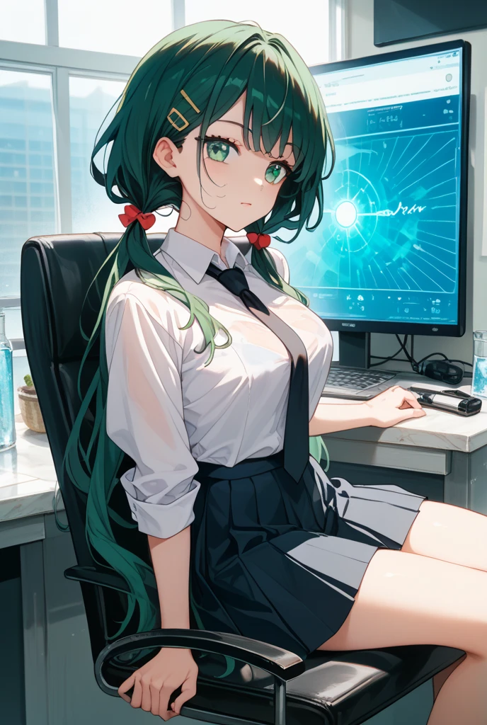 Green-haired Huza、Cross-eyed、Drunk、Turned、( Silly / Sexual ecstasy)、Turned、eye glass、top-quality, Photorealistic, An ultra-fine illustrations, beautiful attractive anime girl, miku hatsune, Slender body, Tied hair, one girls, a photo of girl, Full body shot, Beautiful blue eyes, Turned, in a office、Sitting at your desk、Women's Suits、