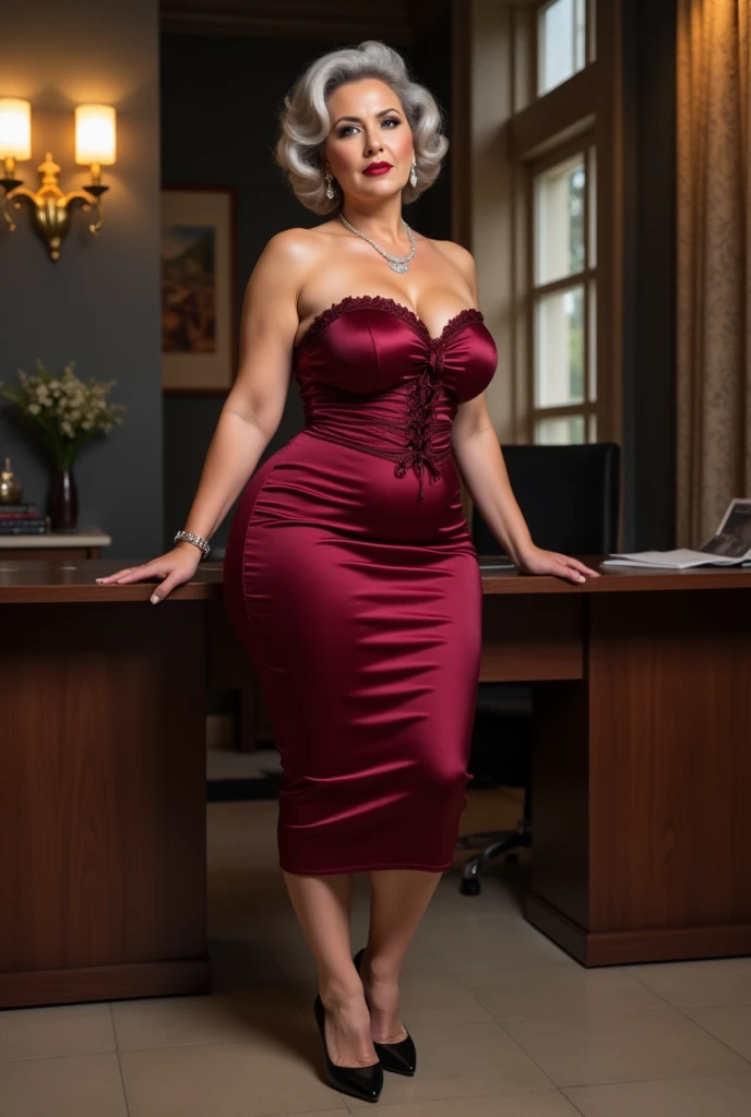 nsfw, (best quality,4k,highres,masterpiece:1.2)),((character concept art)),female CEO,red velvet blazer,short fit black pencil skirt,confident gaze,seductive smile,luxurious office,modern interior design,elegant hairstyle,well-manicured nails,high heels,immaculate makeup,expensive accessories,dominant posture,natural sunlight,city skyline view,powerful aura,vibrant red colors,sleek architecture,sharp focus on details,professional ambiance,successful businesswoman,sophisticated elegance,commanding presence,crafted wooden desk,leather chair,impressive artwork hanging on the wall,impeccable fashion sense,meticulously arranged files,steel and glass structure,reflection on glossy surfaces,gleaming silver accents,subtle shadow play,graceful movements,confidently walking,aura of mystery,empowered woman,limitless potential,breathtaking confidence,inspiring success,worldly achievement,unyielding determination,luxury lifestyle,entrepreneurial spirit,extraordinary vision. ((intricate detail)), super finely detailed hands, ultra finely detailed fingers(((ten fingers))), (standing confidently), (full body showcase), (show full body), (no logos on background), (no logo), ((plain background)), ((plain background)), (((empty background))).