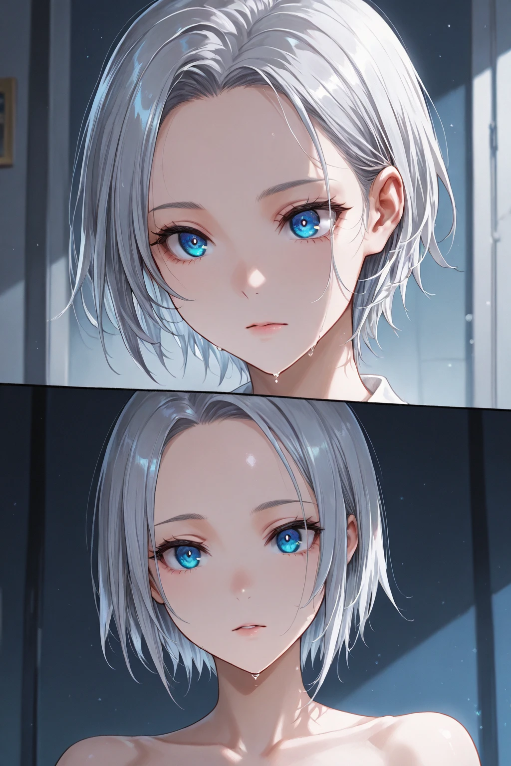 ((perfect anatomy:1.3,realistic:1.3,masterpiece、highest quality、Ultra - High resolution、High resolution、Highly detailed CG、8K)), 1girl, Silver hair, short hair, light blue eyes, 17years old beautiful girl, Japanese, drawn in the style of Japanese anime, pencil drawing, droopy eyes