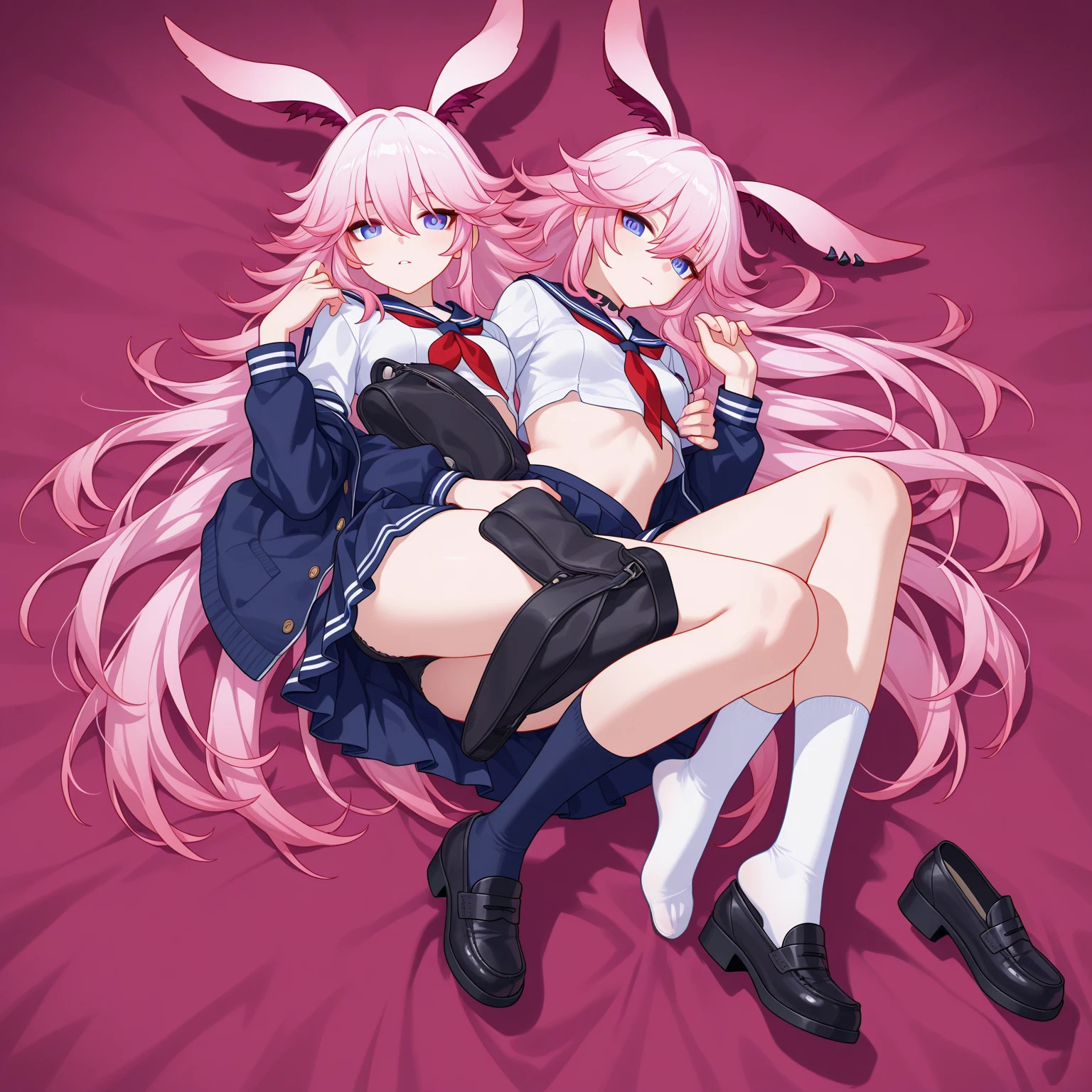 outrageous, best qualityer, 1 girl, standing alone, Red hair, purples eyes, long hair, big fit ass, oh Rabbit, bunny ears, red corset, gakuran, aprons, red ribbons around the neck, red skirt, headband, manga curta, wrist cuffs, white thigh highs, the jingle bells