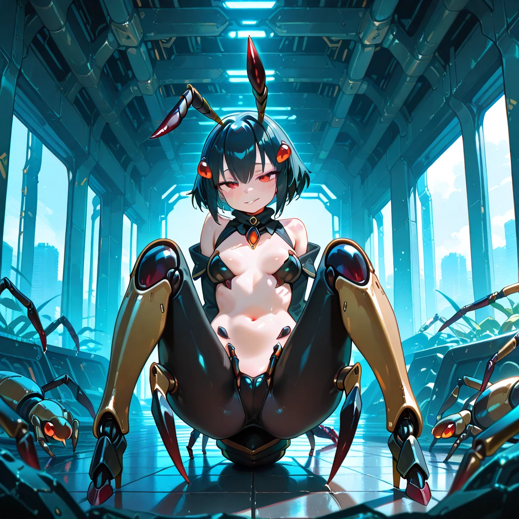 ((1 woman)),((only one arms
biomechanics)),((?????????????, ???? being milked with tubes)),((wet ?????, ????? ???????)) ,((very large pubic hair)),((short black hair with side ponytail, with very long bangs large covering the face)),((one blue eye, one biomechanical red eye)), ((in a futuristic room)),((sitting with legs spread in the shape of an m, with a robot opening her ????? and placing a tube,a tube in the ?????)),((facing the viewer)),