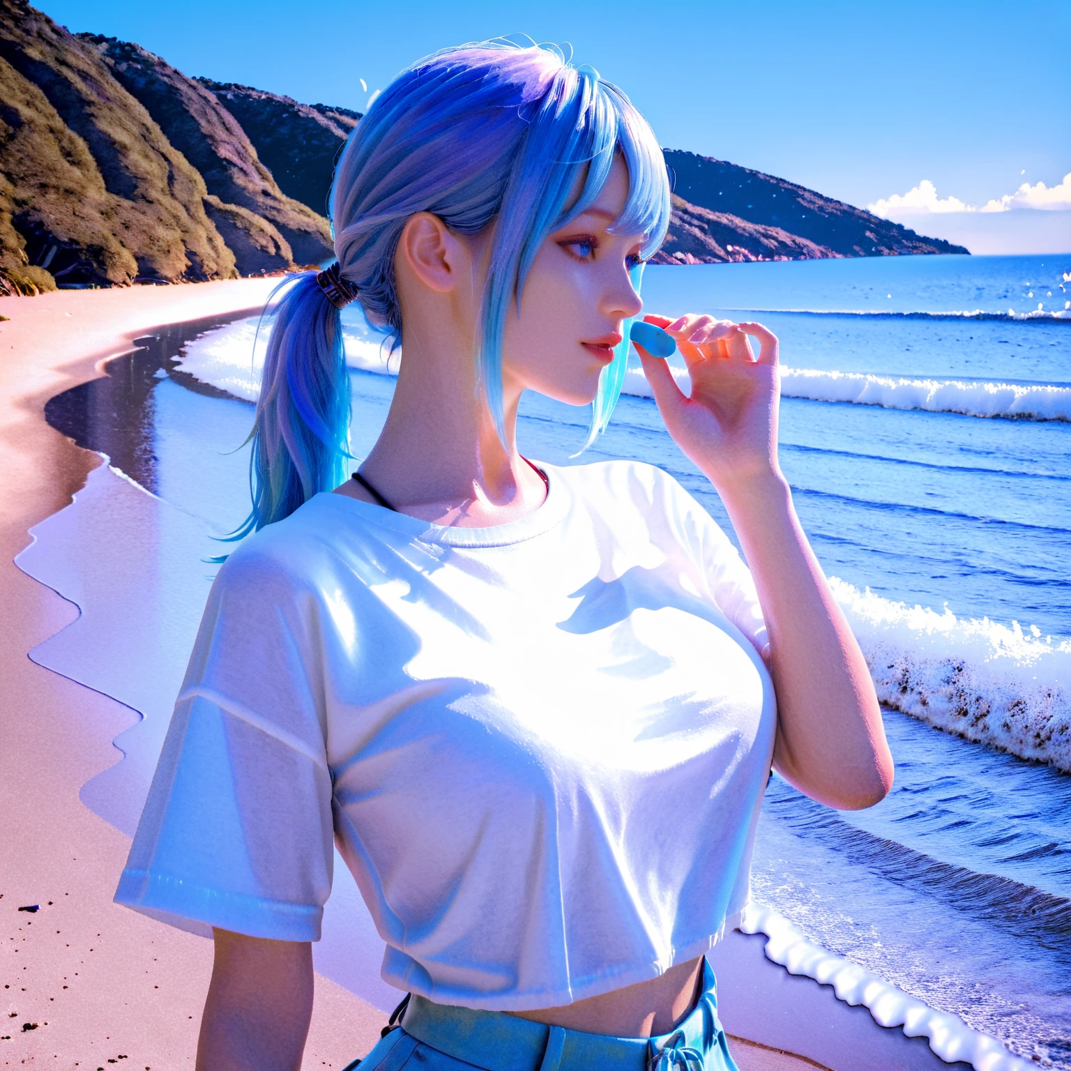 ＡＩBeauty、Real Beauty、Cute jeans prompt、Pool、Face masks、Beautiful woman looking back、ponytail、Light blue hair