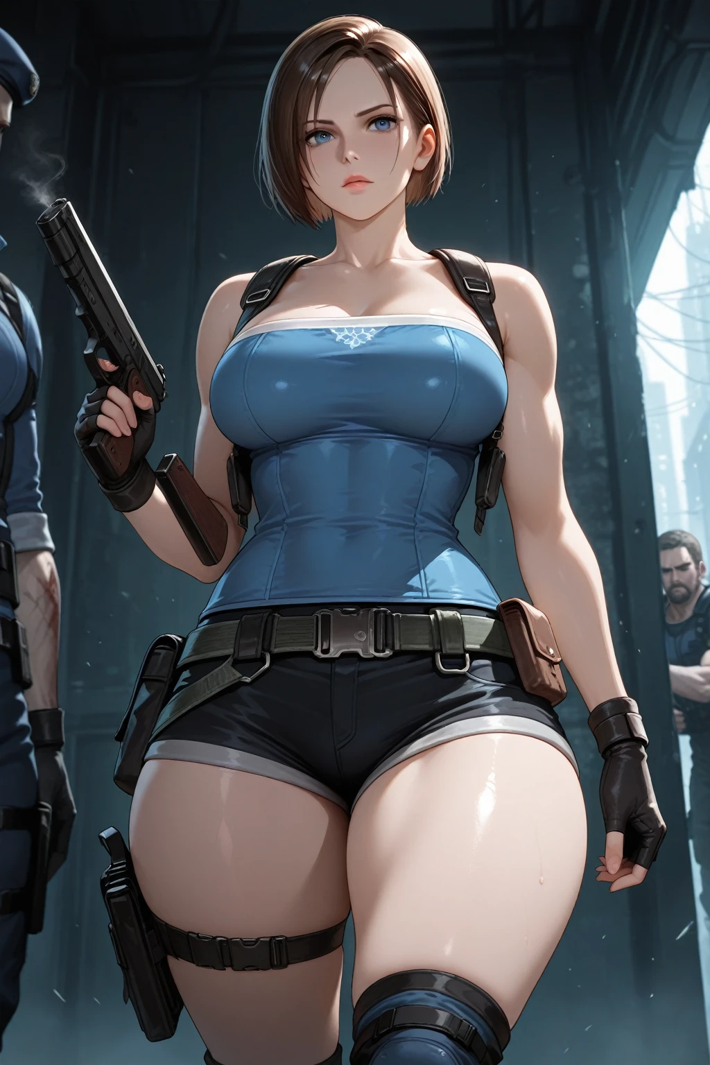(Resident Evil 4+bloody:1.5), (full-body photo:1.6), (An elf woman and several zombies in the background:1.5), (she has gigantic breasts:1.5), (She's in Resident Evil 4+Leon's Leon outfit with black T-shirt+brown leather chorte+extremely tight on her body:1.4), (she's walking through a night town full of zombies:1.5),  (she has short brown hair:1.3), (she has blue eyes:1.3), (she's doing poses+for the viewer+holding an armada), Hyperrealism, 16k, best quality, high details, UHD
