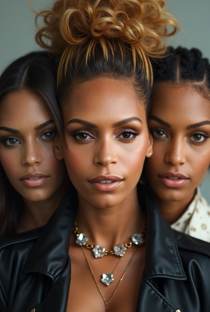 Here is a detailed description for the image: Three women are in the spotlight, similar in appearance to the photos you provided. They are at a party with a predominantly black and red background., with subtle lighting to highlight the sophisticated nocturnal atmosphere. Ao fundo, there are other people visible, but blurred, to keep the main focus on the three women. 1. The first woman, with dark skin and braided hair that falls to the side, wears a stylish top and a high-waisted skirt, in dark tones. 2. The second woman, with fair skin and curly blonde hair, wears a red dress with a black jacket 3. The third woman, with olive skin and straight, dark brown hair, wears a black corset, combined with a long skirt or pants that brings a touch of elegance. They all have dark brown eyes, long hair and a delicate face, Soft, all three are 20 year olds. The scenery in the background suggests a sophisticated party, with diffused lights and an elegant atmosphere, where red and black tones predominate in the decoration.