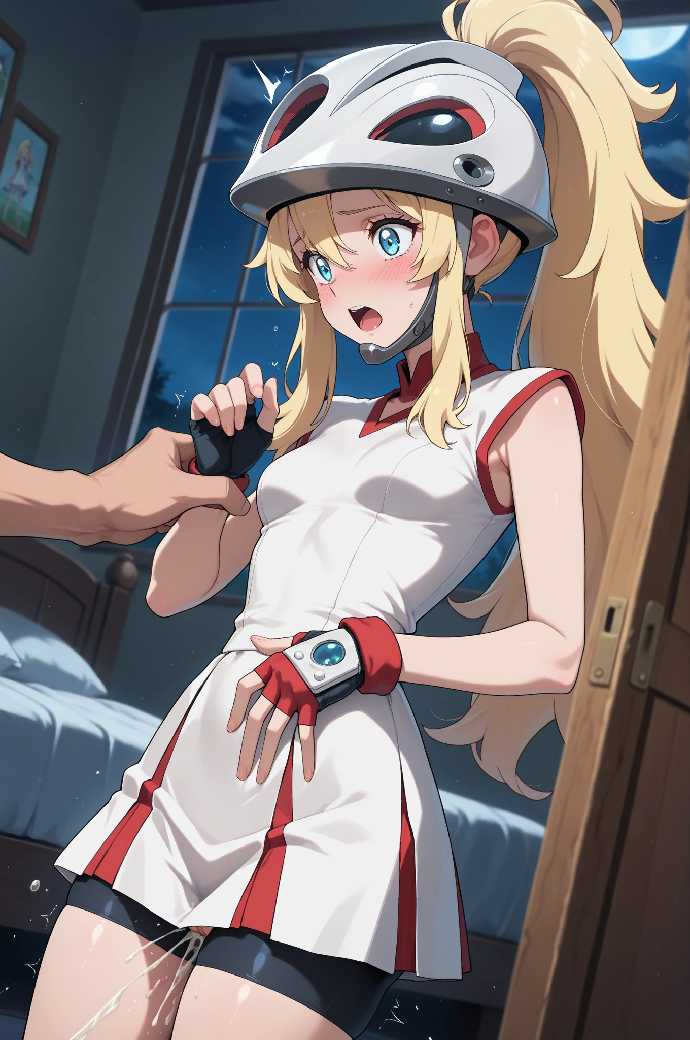 masterpiece, best quality, Izumi\(digimon\), green eyes, long hair, 1girl, big size breast, solo, team rocket,team rocket uniform, red letter R, white skirt,white crop top,black thigh-highs,black elbow gloves, white cat hat, tape, tapegag, gagged, tape on the mouth, bound, tied, tied up, , tied hands, hands behind back, tied ankles, bound to a chair.
