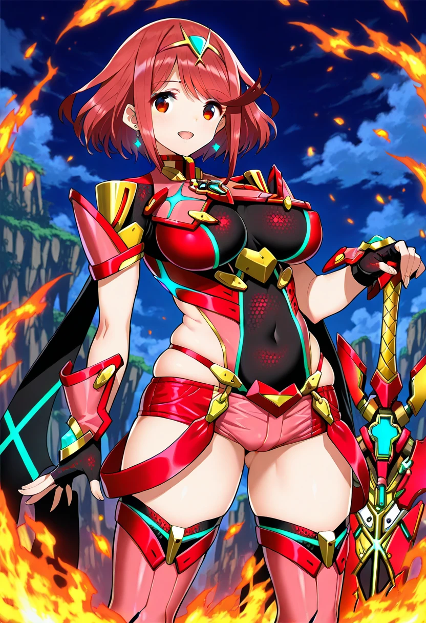 pyra \(xenoblade\), teen_1girl, loli, armor, bangs, black gloves, breasts, red eyes, light_open_mouth, earrings, eyelashes, fingerless gloves, floating hair, framed breasts, gem, gloves, hair ornament, headpiece, jewelry, big_breasts, leaning back, leotard, neon trim, official art, pose, red hair, red shorts, saitou masatsugu, short hair, short shorts, short sleeves, shorts, sidelocks, skin tight, solo, standing, swept bangs, thighhighs, tiara, night_prairie_background, turtleneck, underbust, vambraces, xenoblade chronicles \(series\), (xenoblade chronicles 2), (spread_legs:1.1), fire_effect,dynamic_pose,fighting,light_smile, (plump:1.4), big_ass,huge_sword, hold_large_sword_hilt, scovered_nipples, (covered_pussy:1.2),cameltoe,back_view, fists,ponytail,plump,beautiful_fingers,(solo:1.1),